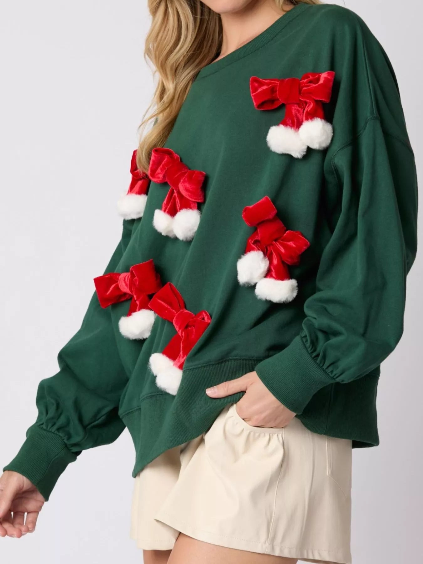 Trendsi Christmas Long Sleeve Sweatshirt with Pom-Pom Bow Decoration