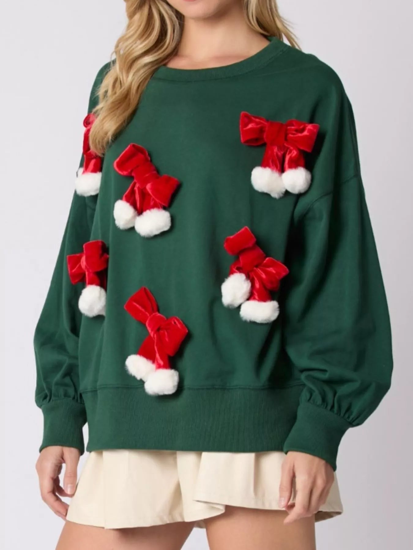 Trendsi Christmas Long Sleeve Sweatshirt with Pom-Pom Bow Decoration