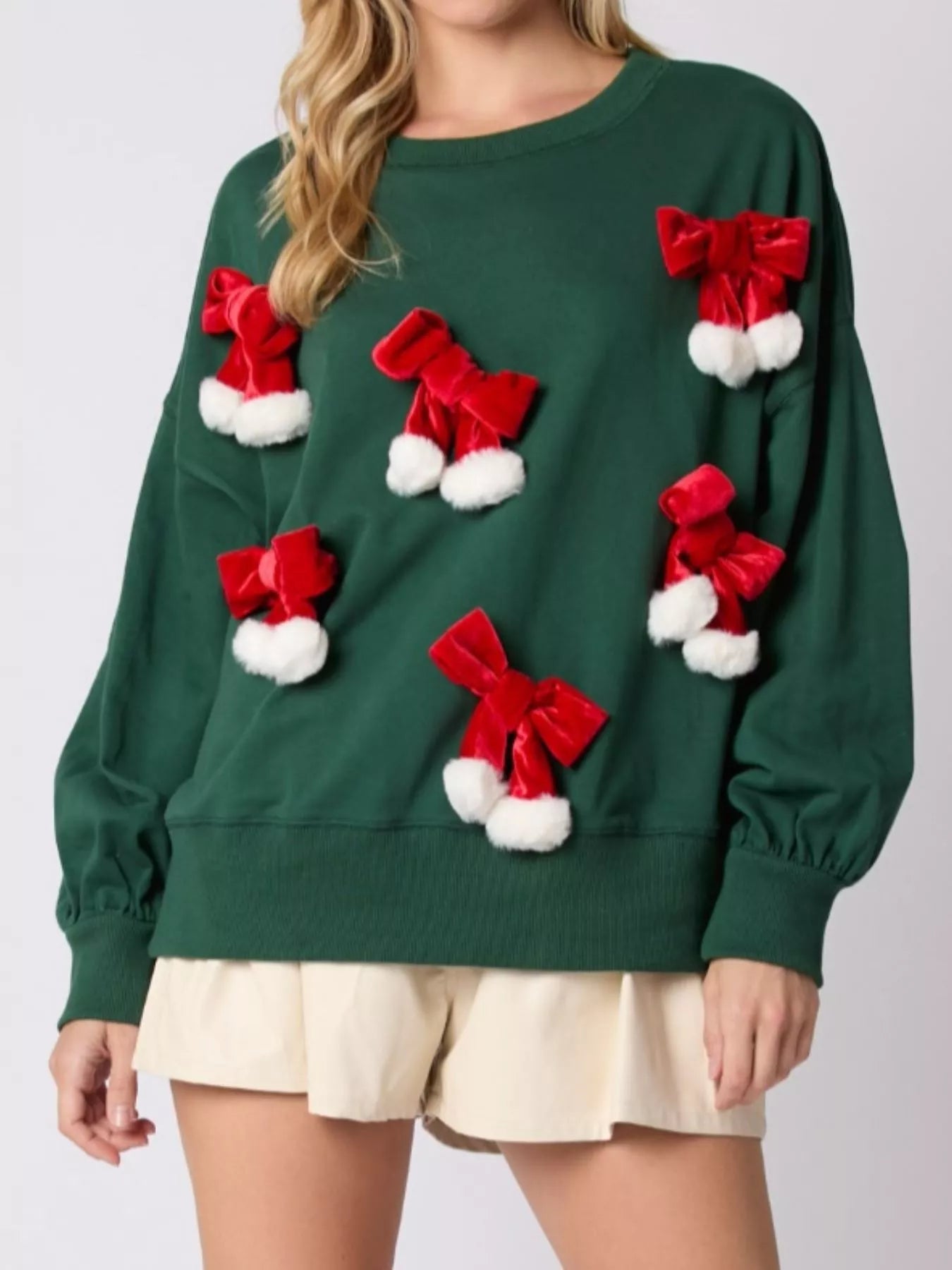 Trendsi Christmas Long Sleeve Sweatshirt with Pom-Pom Bow Decoration