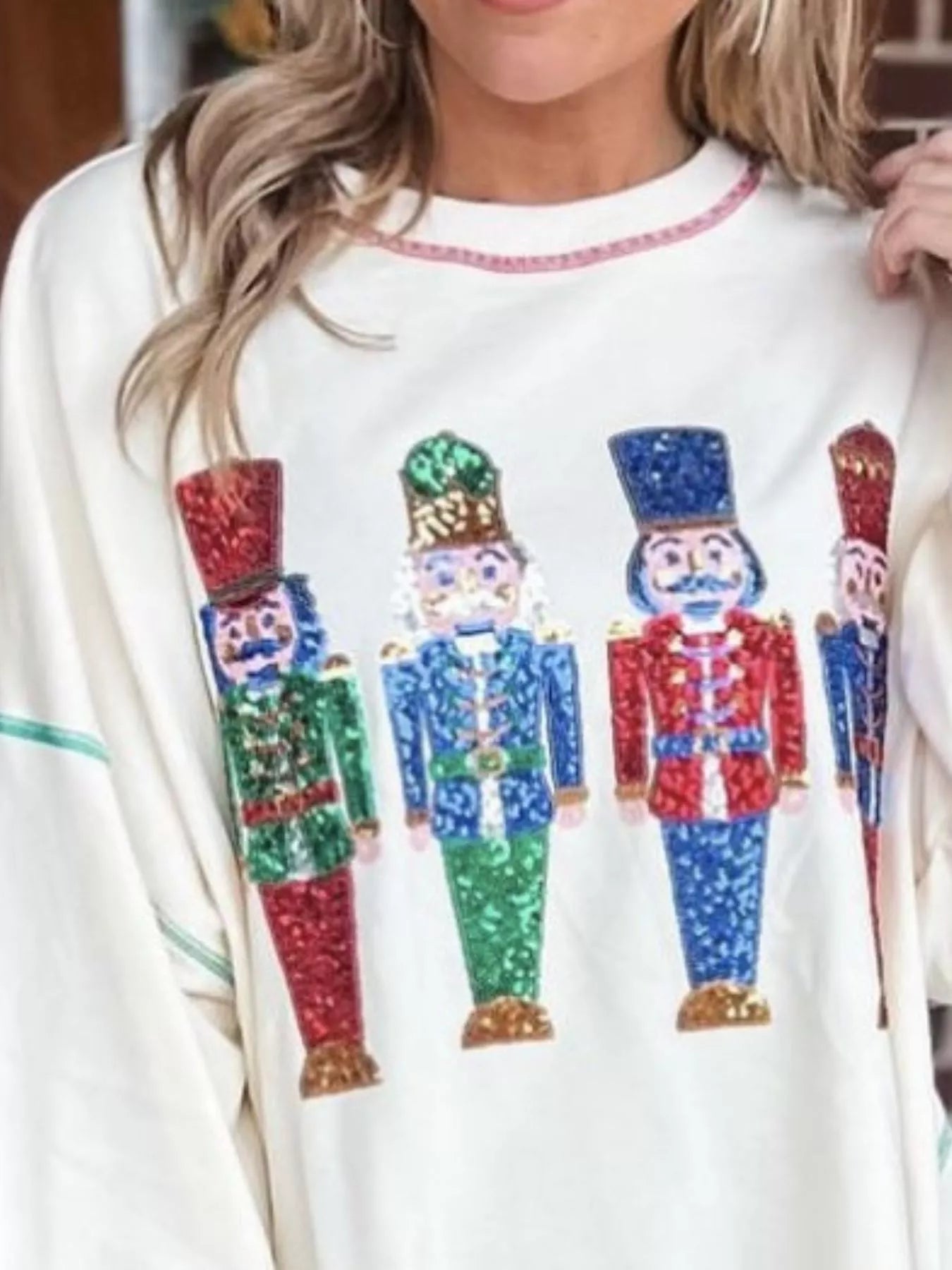 Trendsi Christmas Nutcracker Sequin Round Neck Sweatshirt