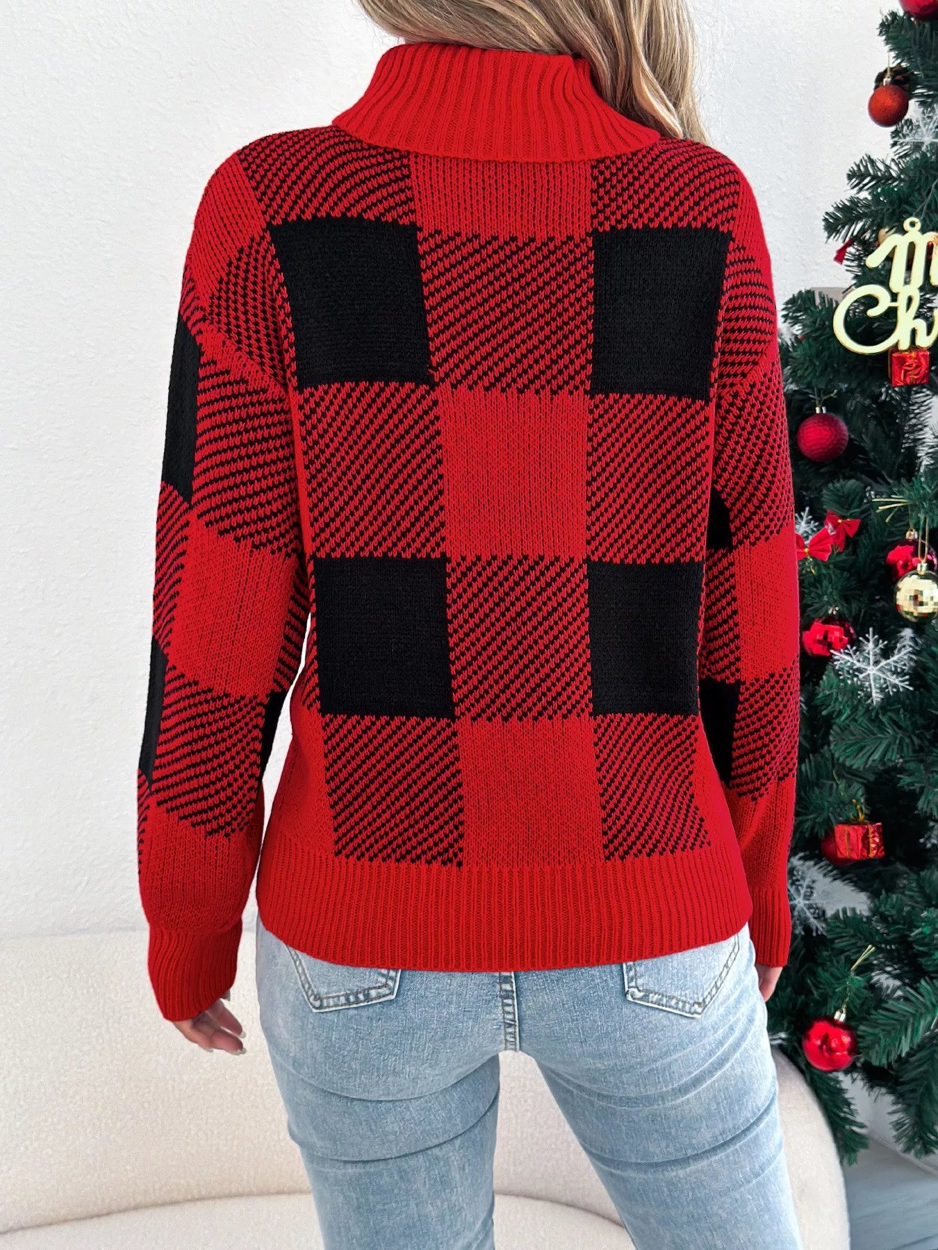 Trendsi Christmas Plaid Long Sleeve Turtleneck Sweater