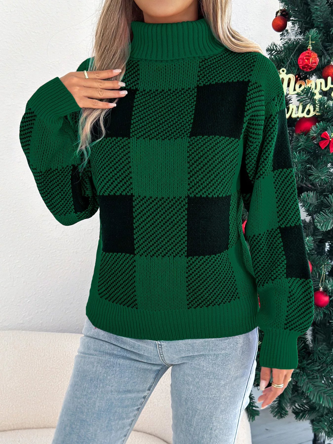 Trendsi Christmas Plaid Long Sleeve Turtleneck Sweater