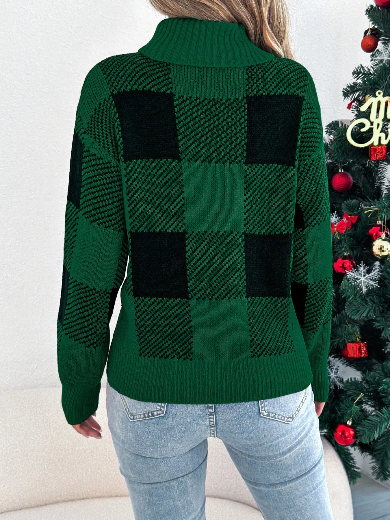 Trendsi Christmas Plaid Long Sleeve Turtleneck Sweater