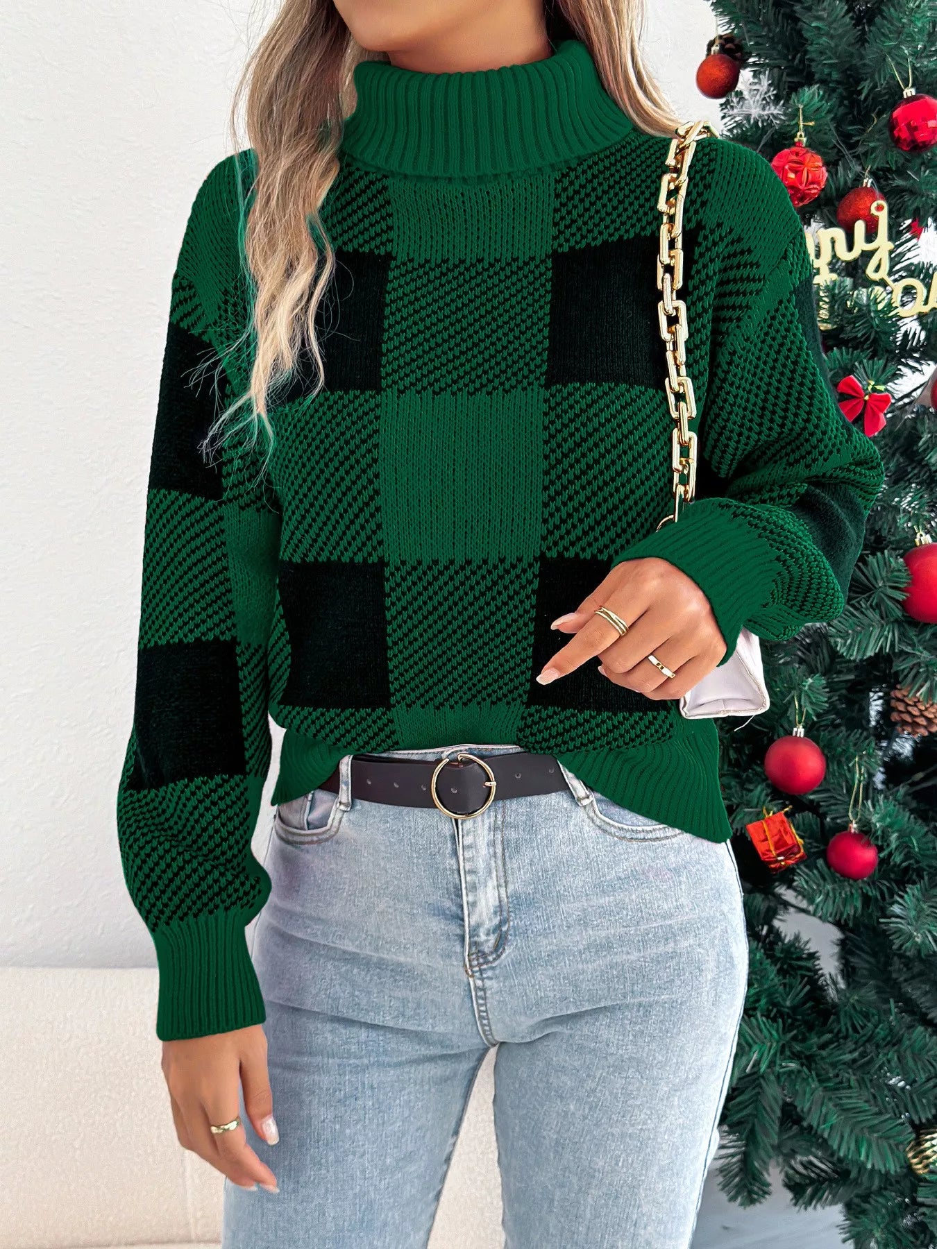 Trendsi Christmas Plaid Long Sleeve Turtleneck Sweater