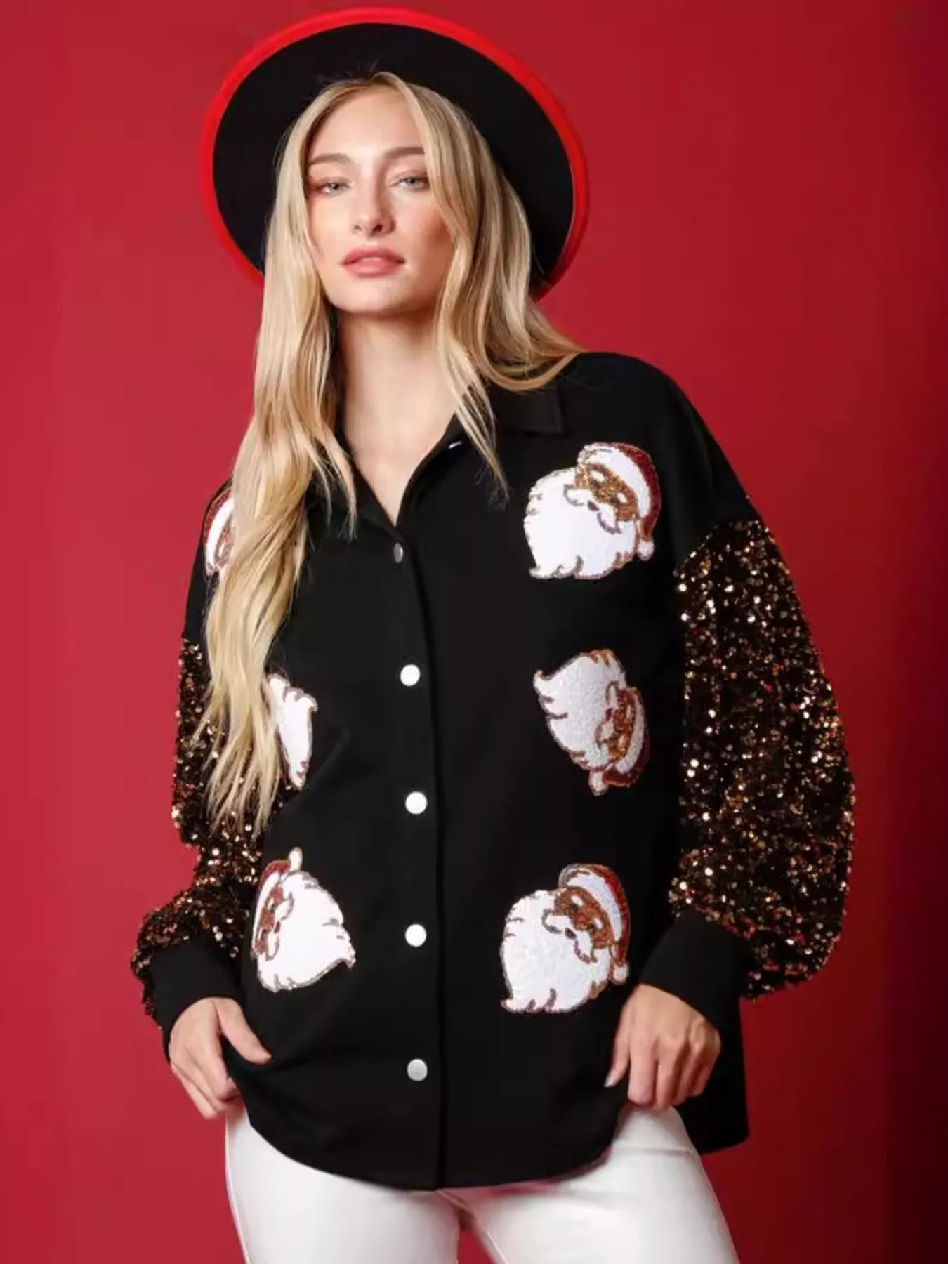 Trendsi Christmas Santa Sequin Long Sleeve Shirt