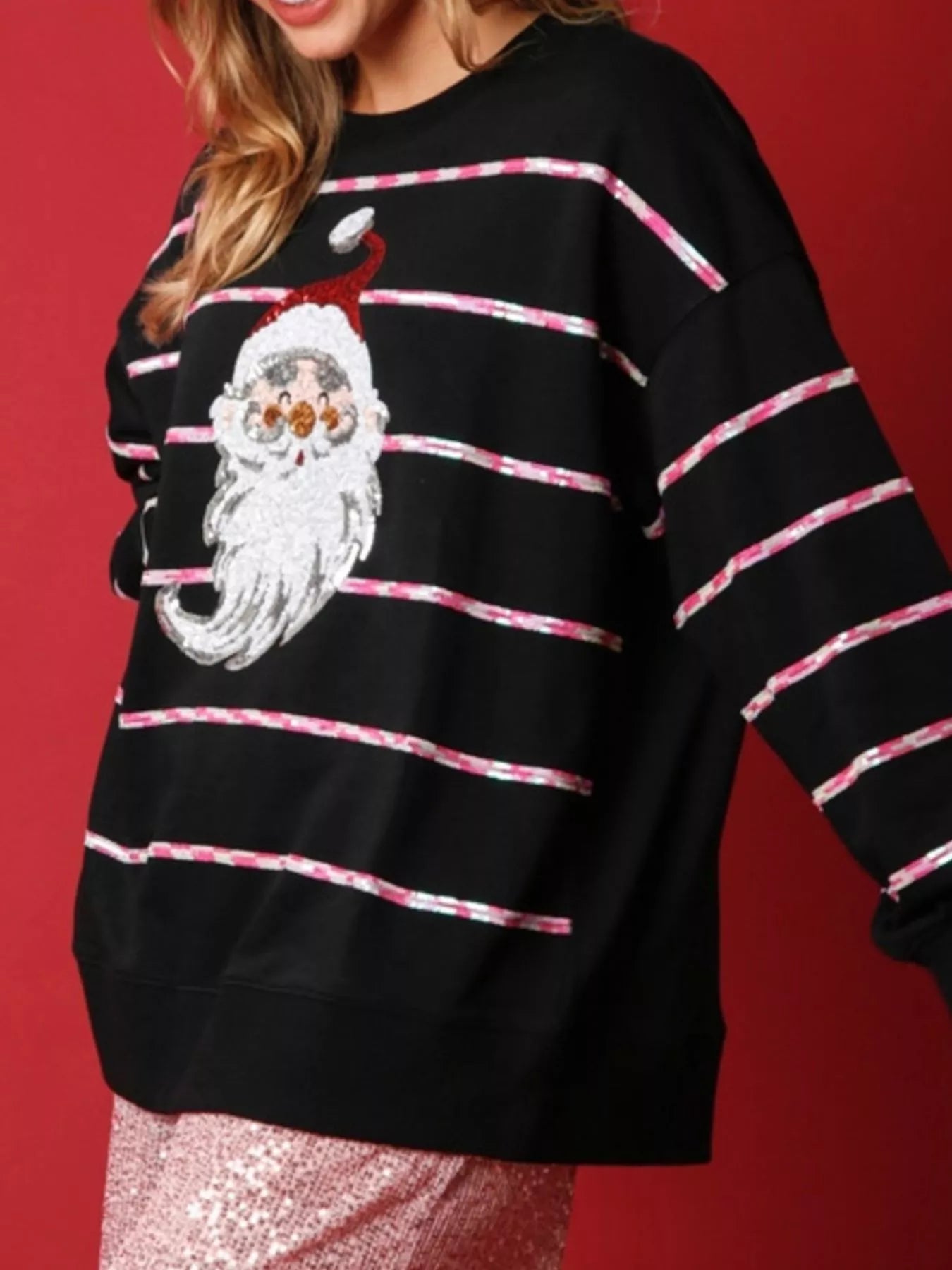 Trendsi Christmas Santa Striped Long Sleeve Sweatshirt