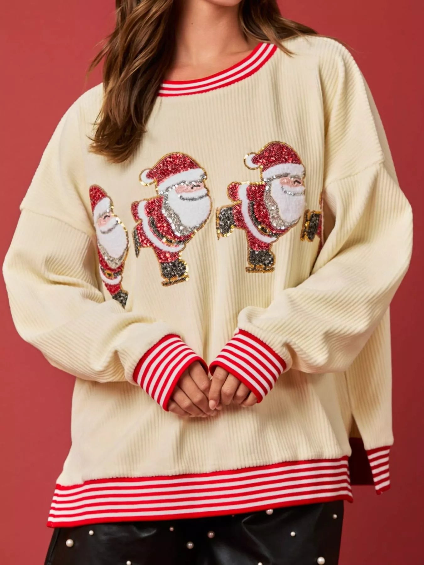 Trendsi Christmas Sequin Candy Cane and Santa Sweatshirt with Striped Hem