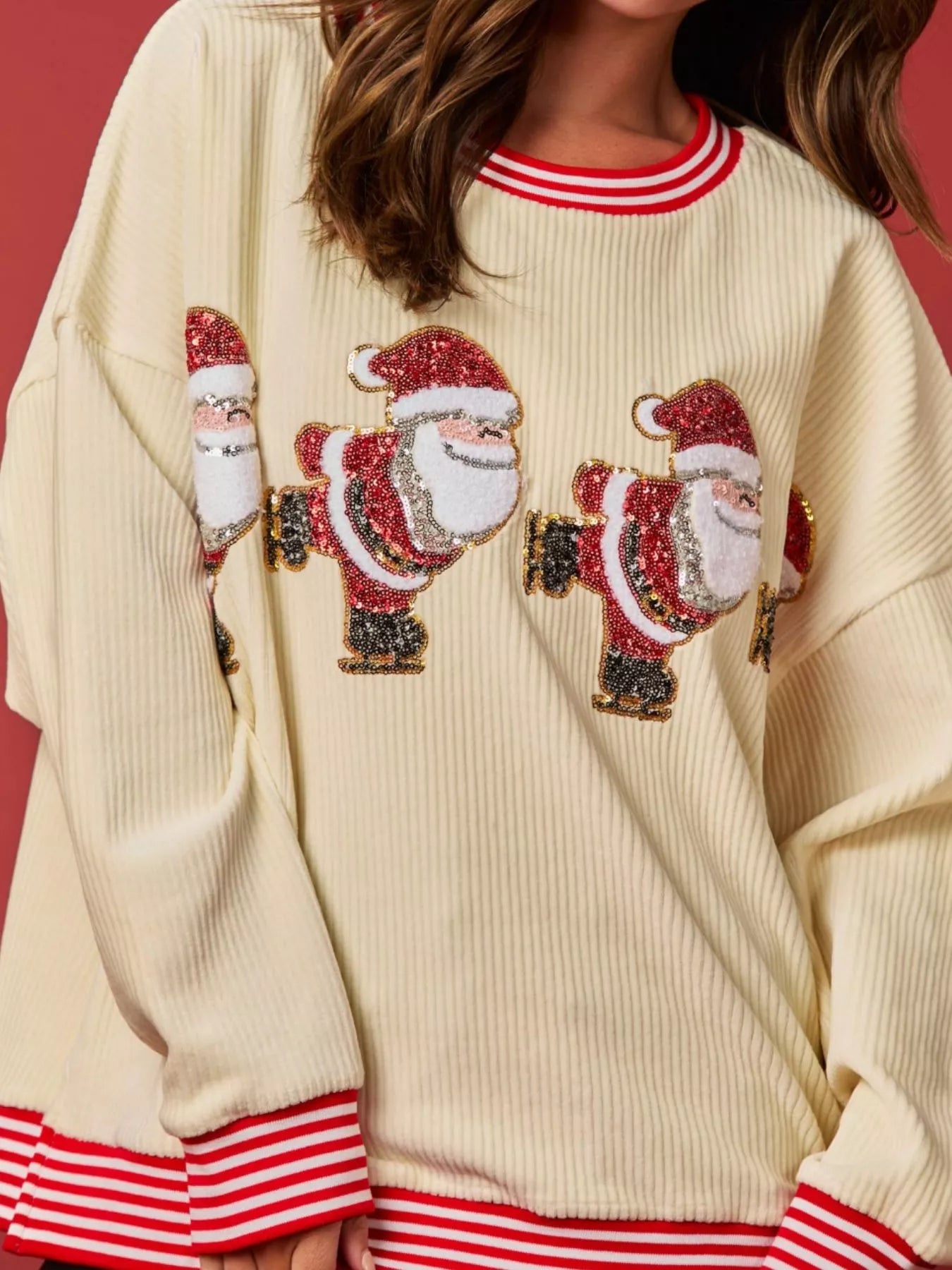 Trendsi Christmas Sequin Candy Cane and Santa Sweatshirt with Striped Hem
