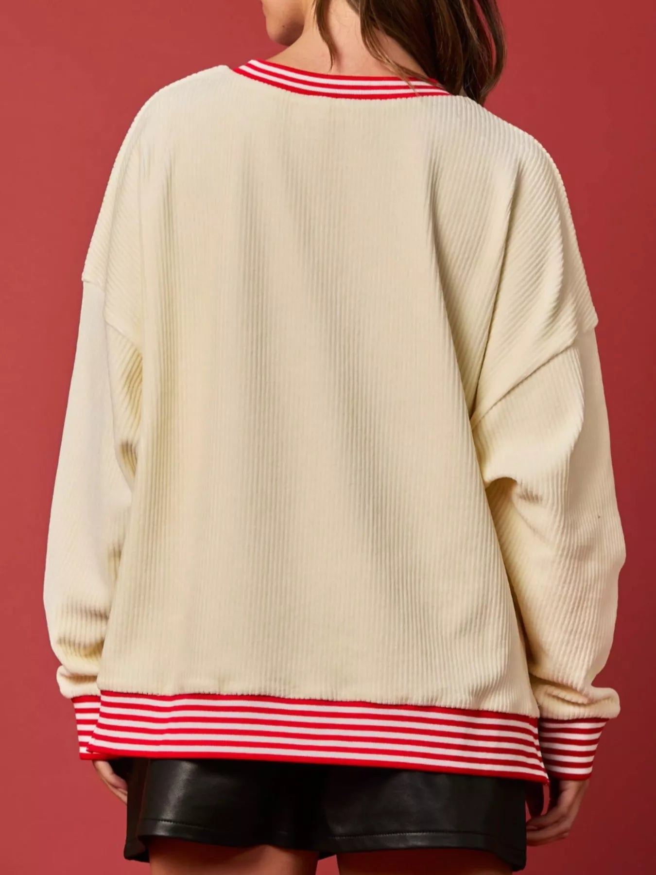 Trendsi Christmas Sequin Candy Cane and Santa Sweatshirt with Striped Hem