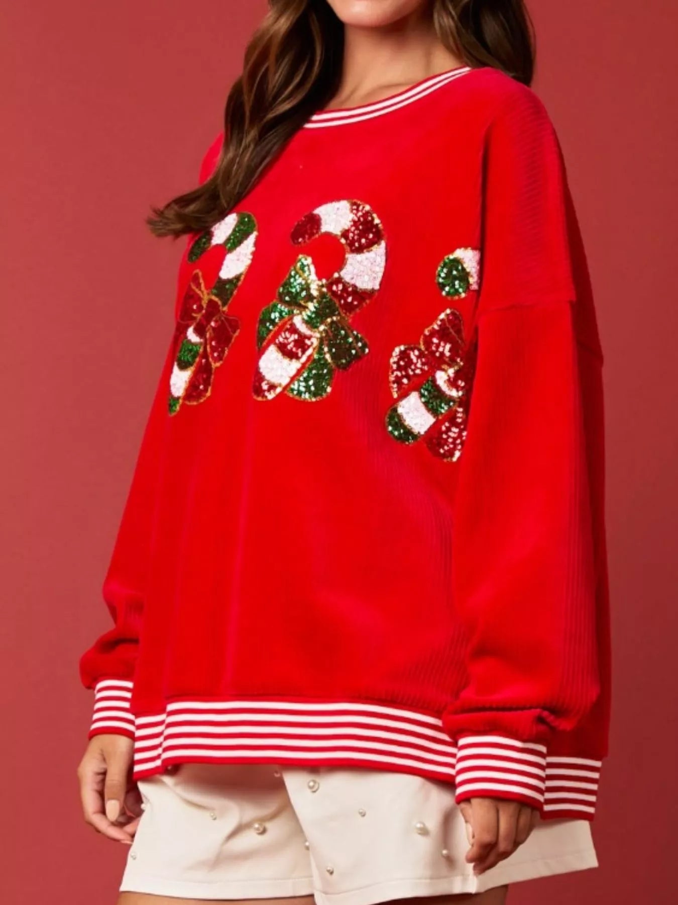 Trendsi Christmas Sequin Candy Cane and Santa Sweatshirt with Striped Hem
