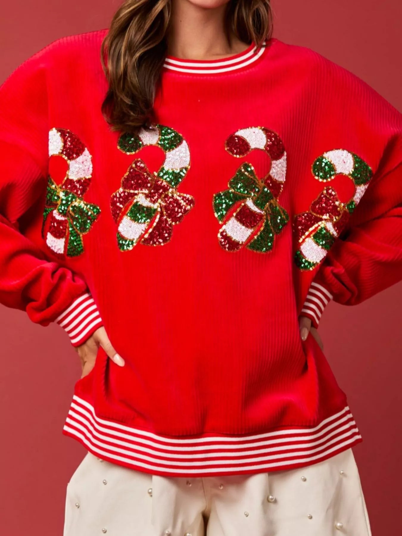 Trendsi Christmas Sequin Candy Cane and Santa Sweatshirt with Striped Hem