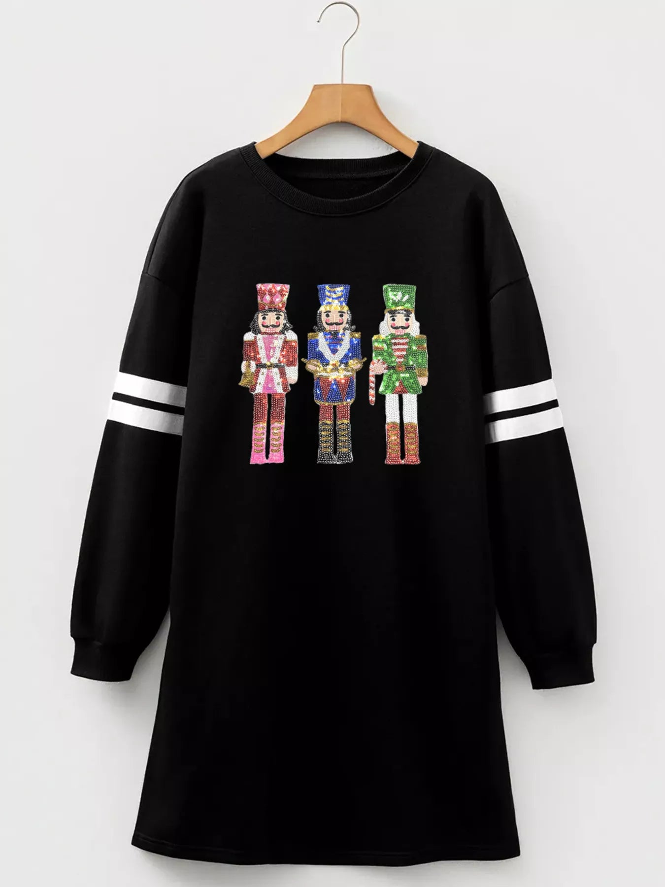 Trendsi Christmas Sequin Nutcracker-man Graphic Varsity Striped Sleeve Sweatshirt Dress