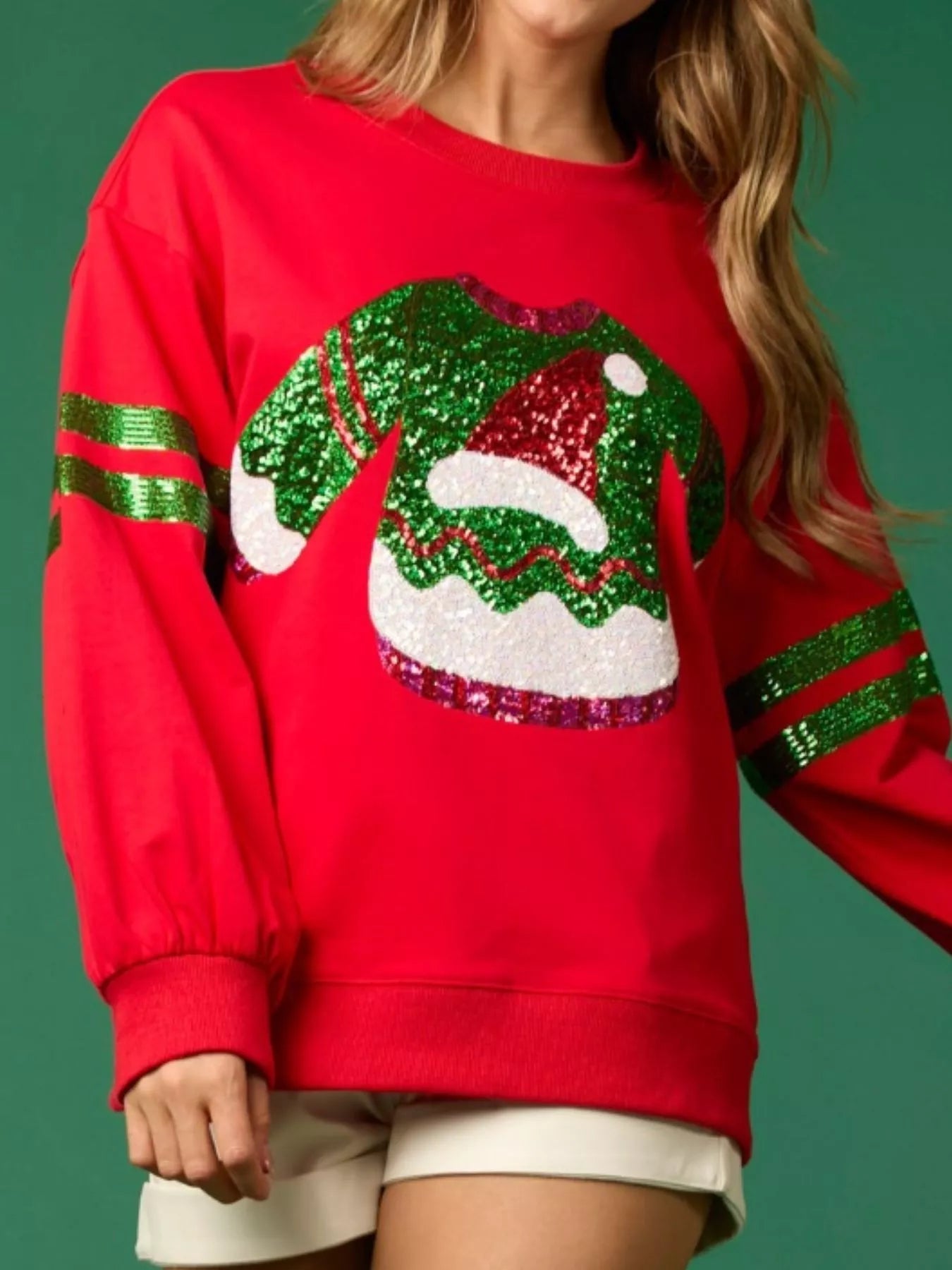 Trendsi Christmas Sequin Santa Hat Holiday Sweatshirt