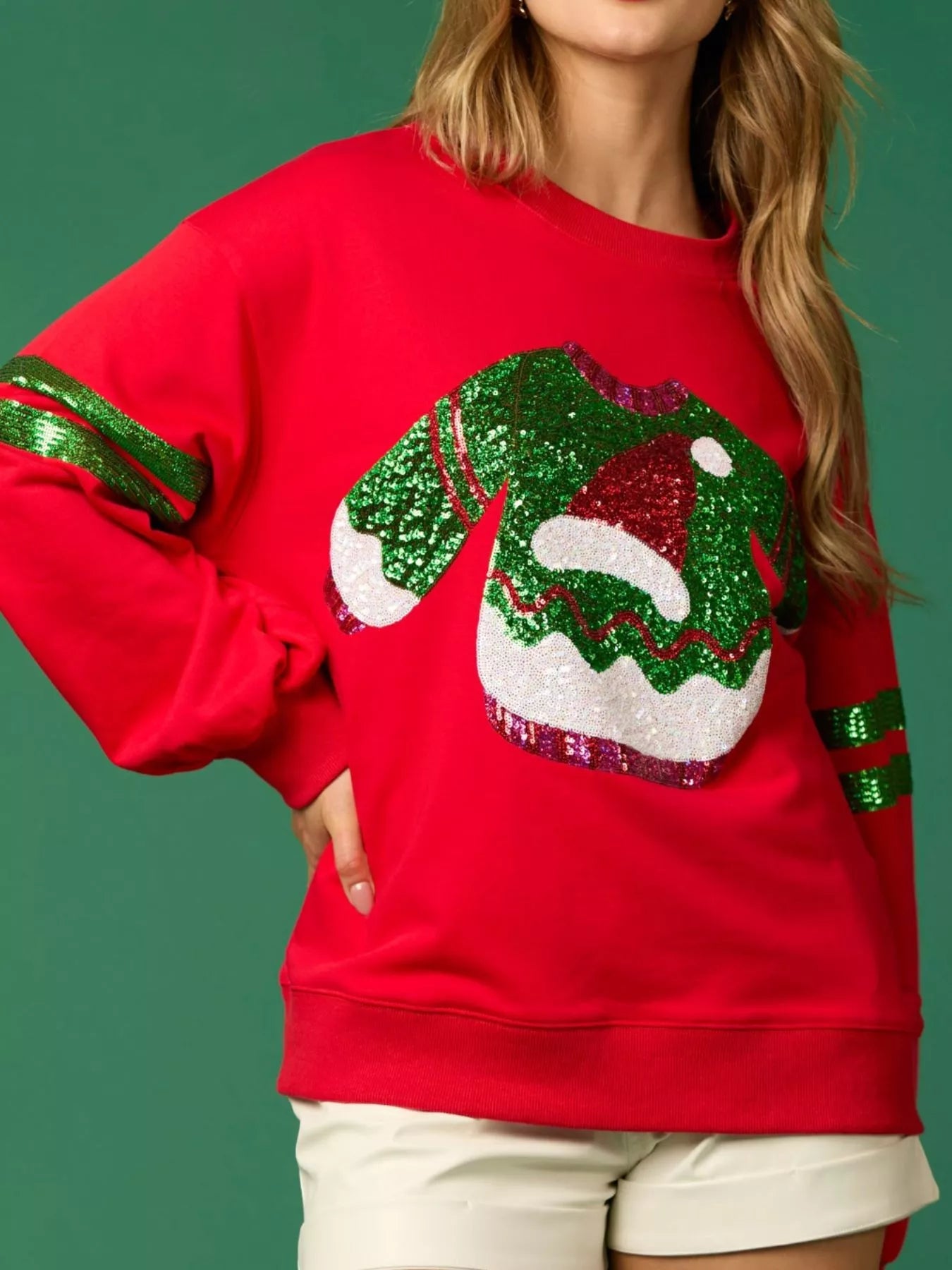 Trendsi Christmas Sequin Santa Hat Holiday Sweatshirt