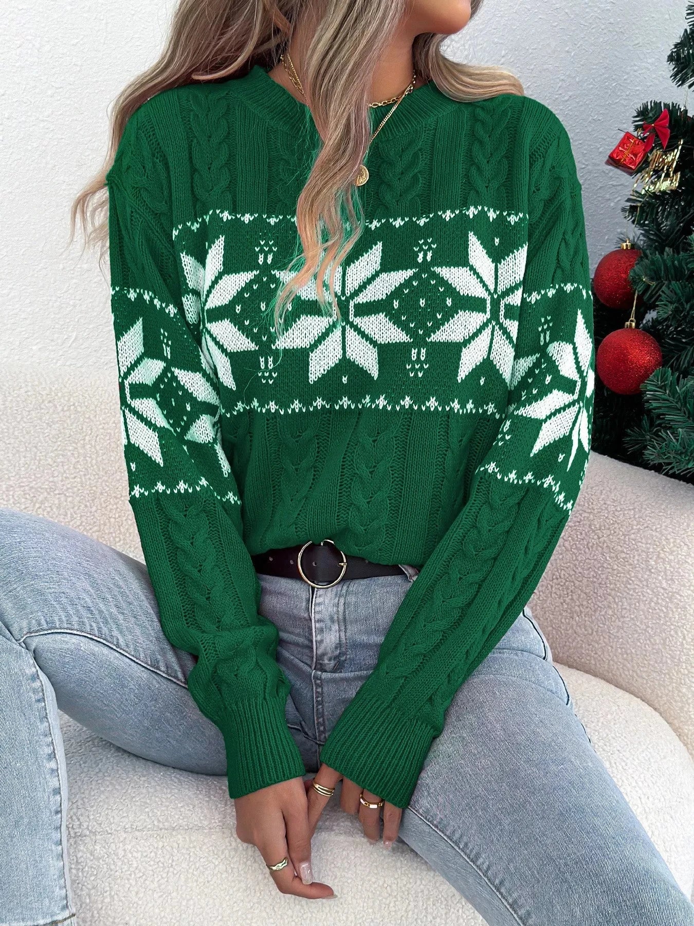 Trendsi Christmas Snowflake Cable Knit Sweater