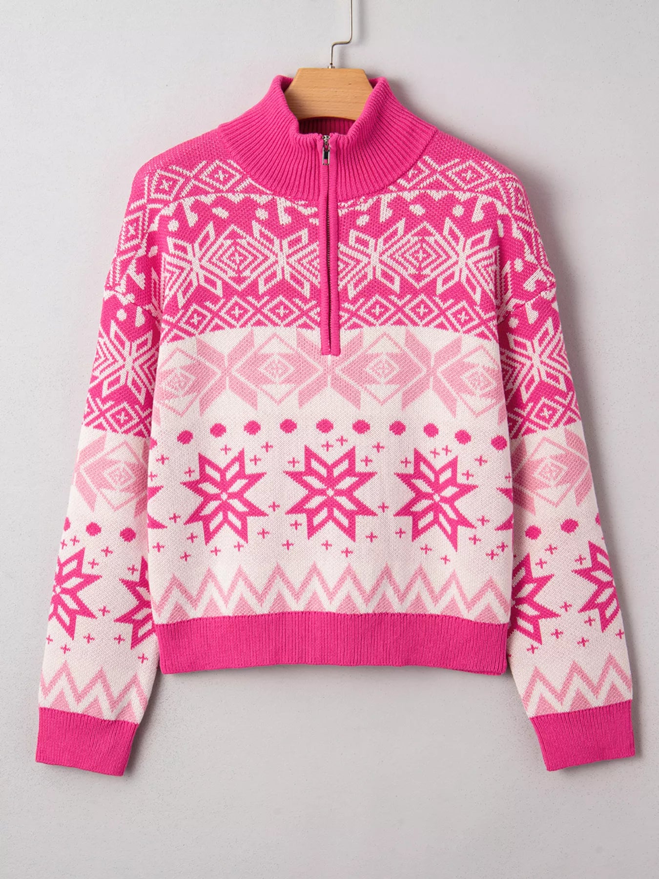 Trendsi Christmas Snowflake Quarter Zip Collard Sweater