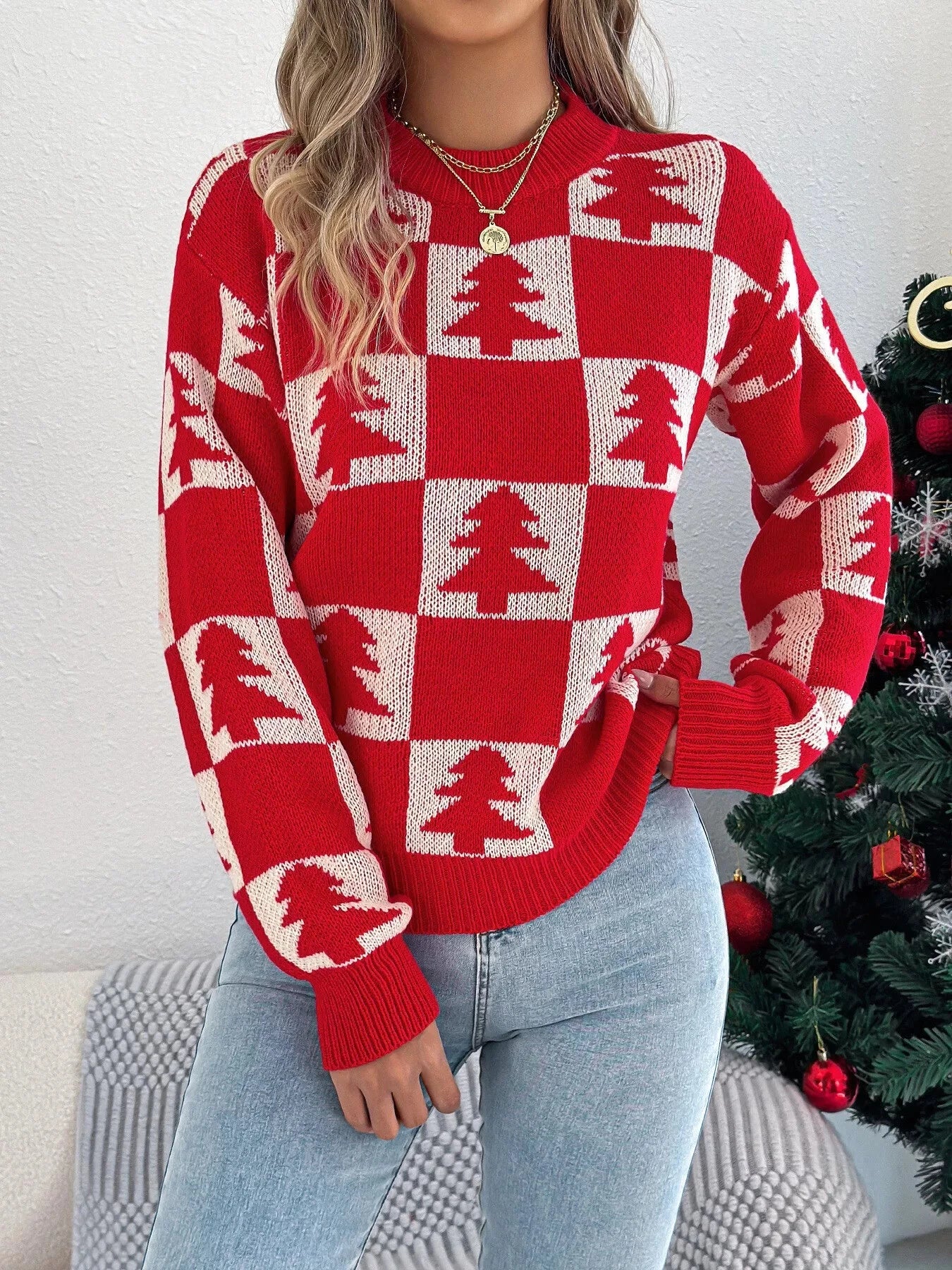Trendsi Christmas Tree Checkerboard Pattern Sweater