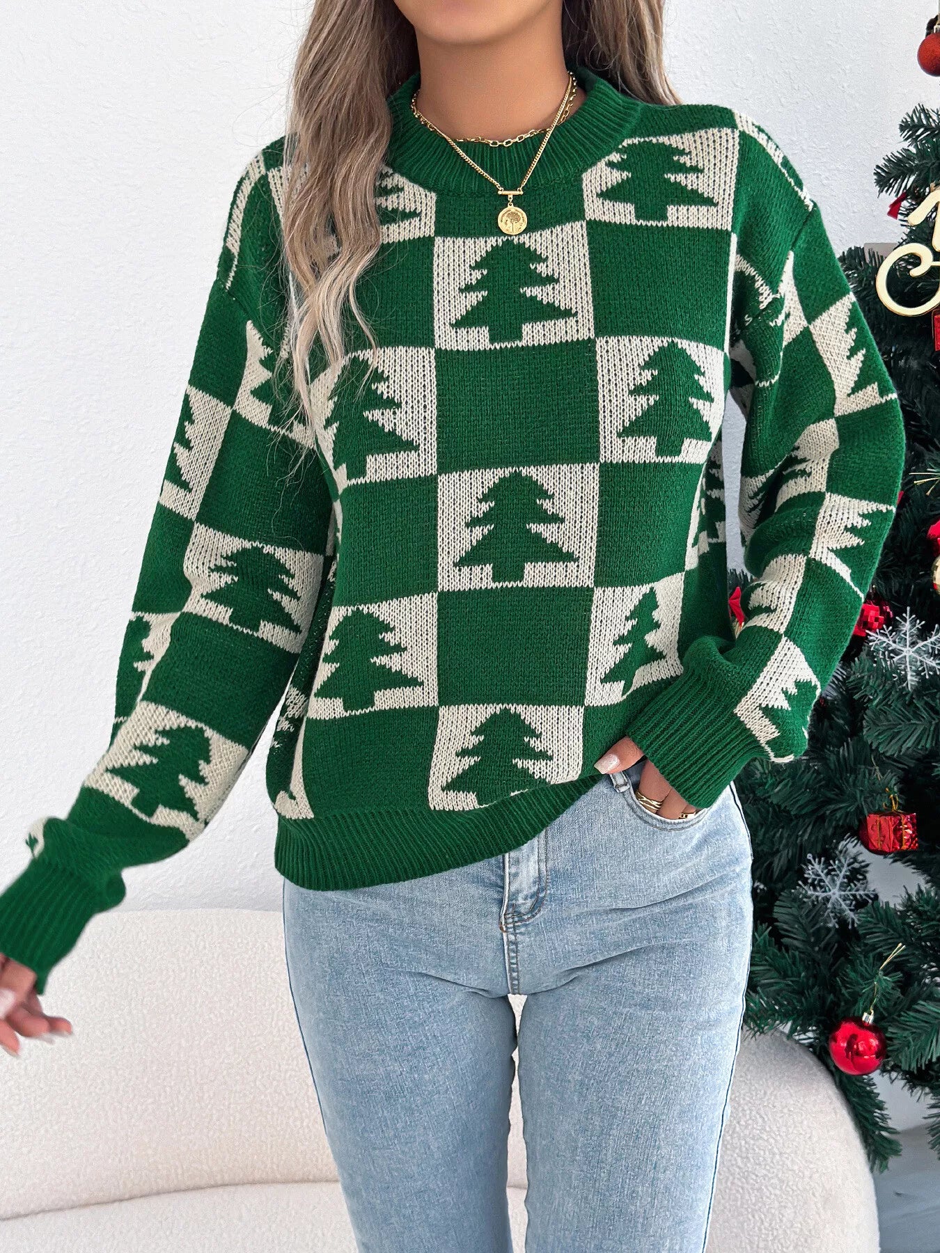 Trendsi Christmas Tree Checkerboard Pattern Sweater