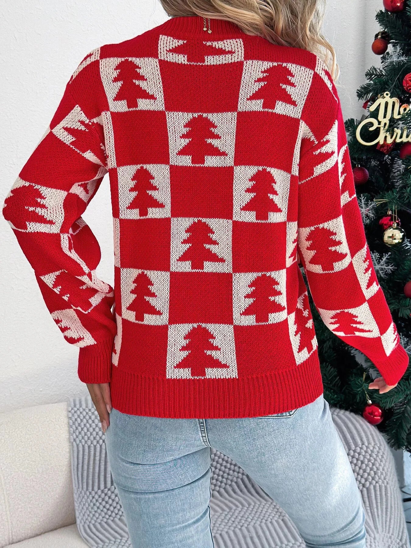 Trendsi Christmas Tree Checkerboard Pattern Sweater