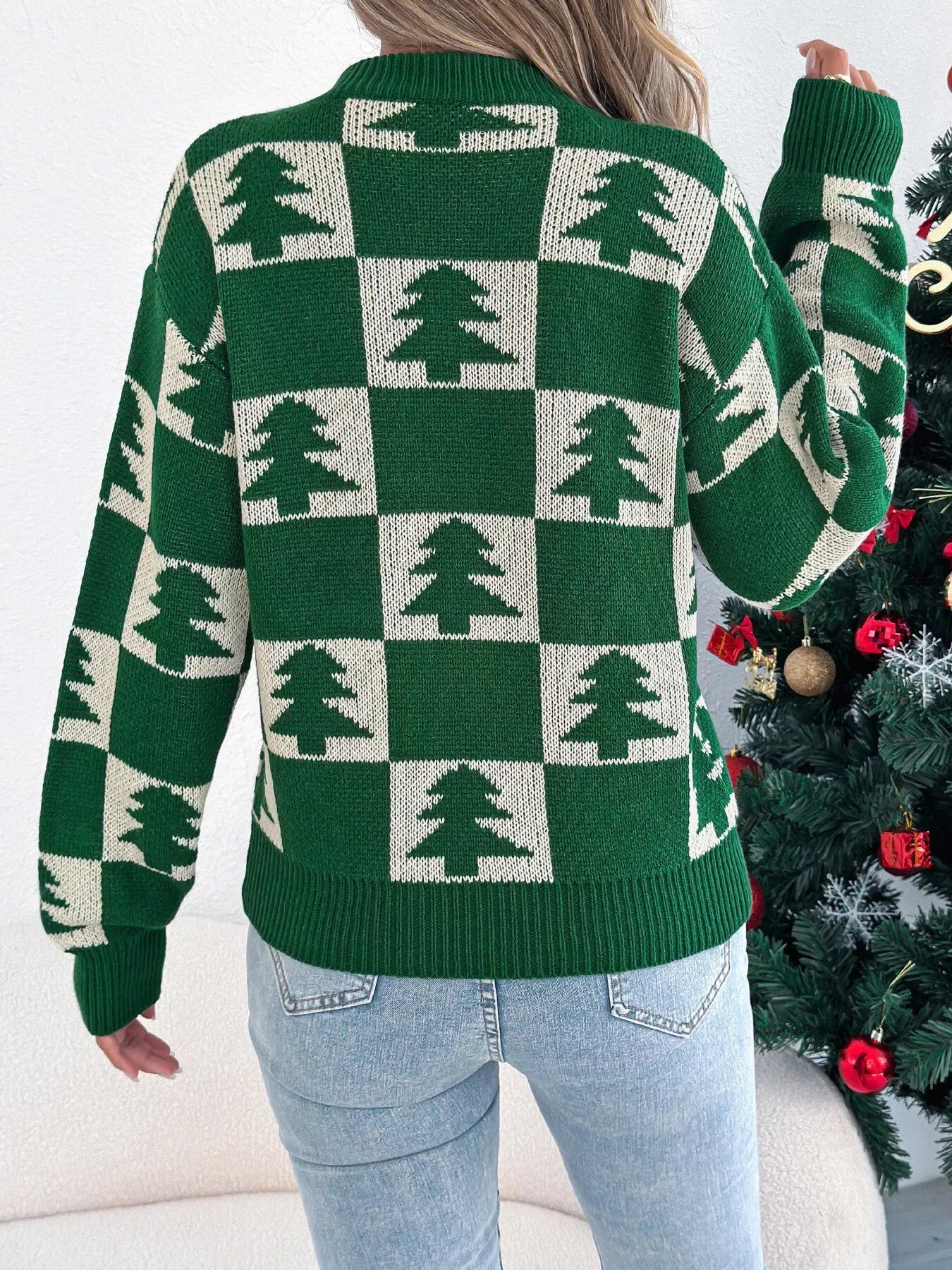 Trendsi Christmas Tree Checkerboard Pattern Sweater
