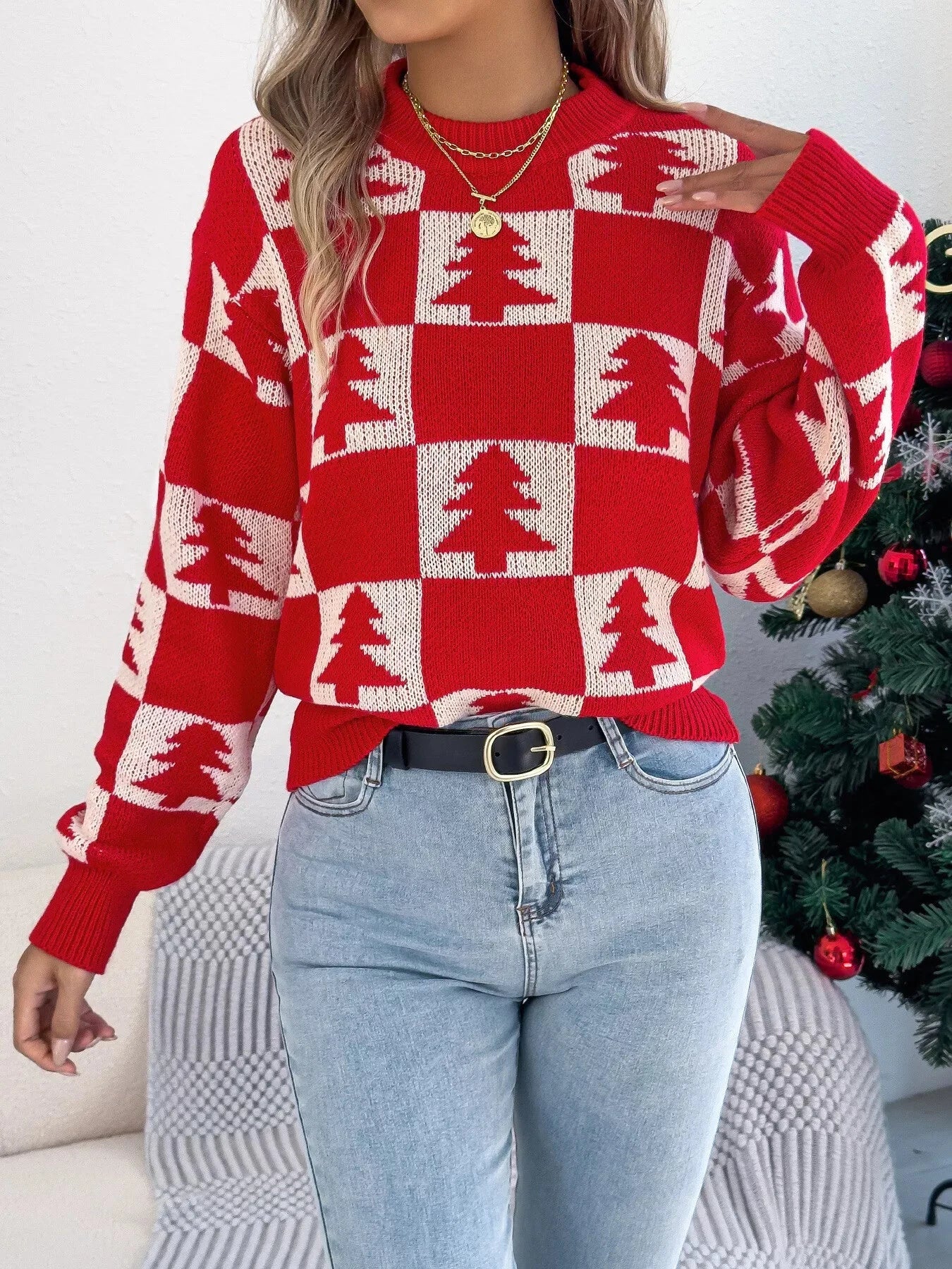 Trendsi Christmas Tree Checkerboard Pattern Sweater