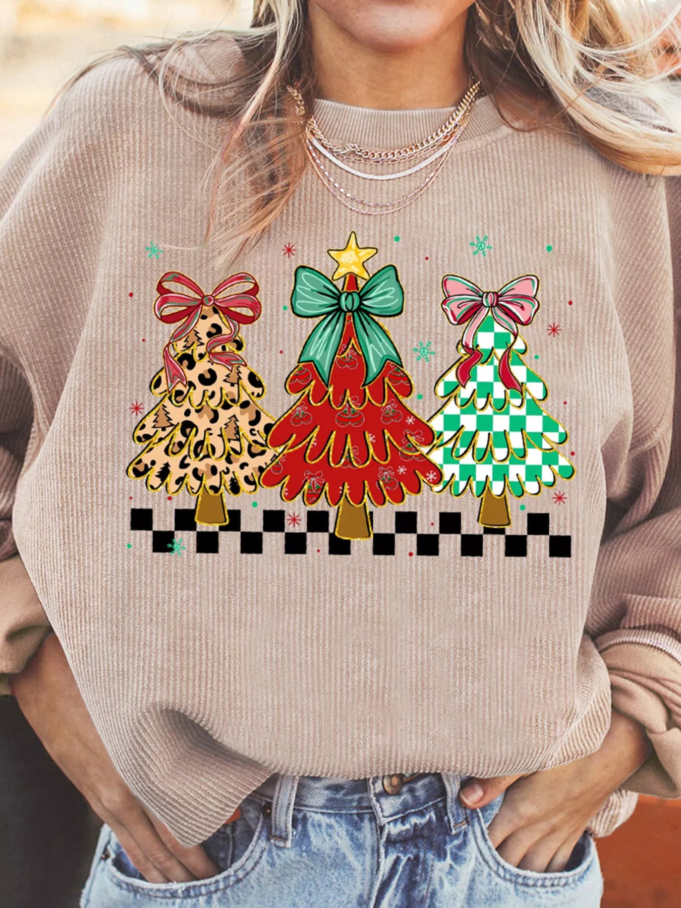 Trendsi Christmas Tree Holiday Corded Tunic Sweatshirt