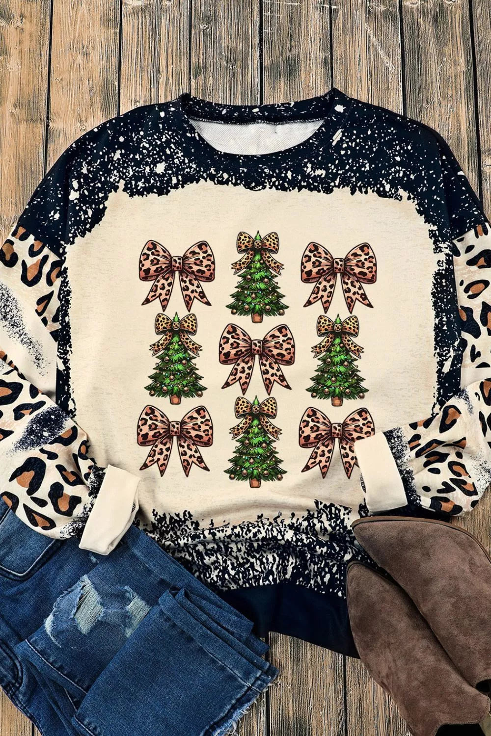 Trendsi Christmas Tree & Leopard Bow Round Neck Sweatshirt