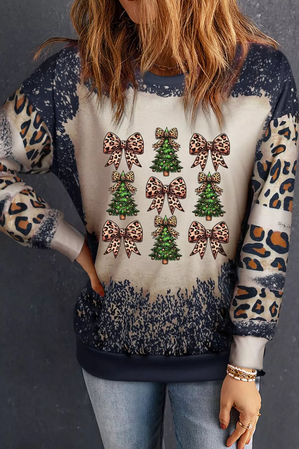Trendsi Christmas Tree & Leopard Bow Round Neck Sweatshirt