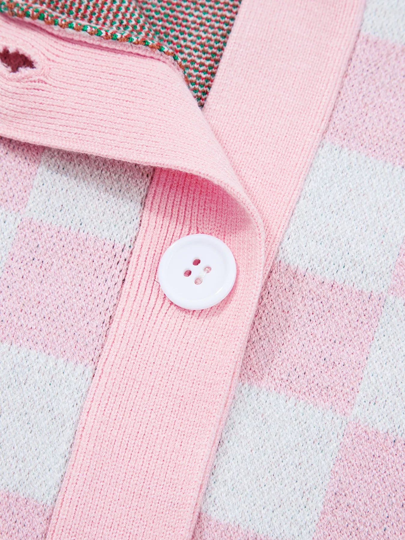 Trendsi Christmas Tree Pattern Checkered Button V Neck Cardigan