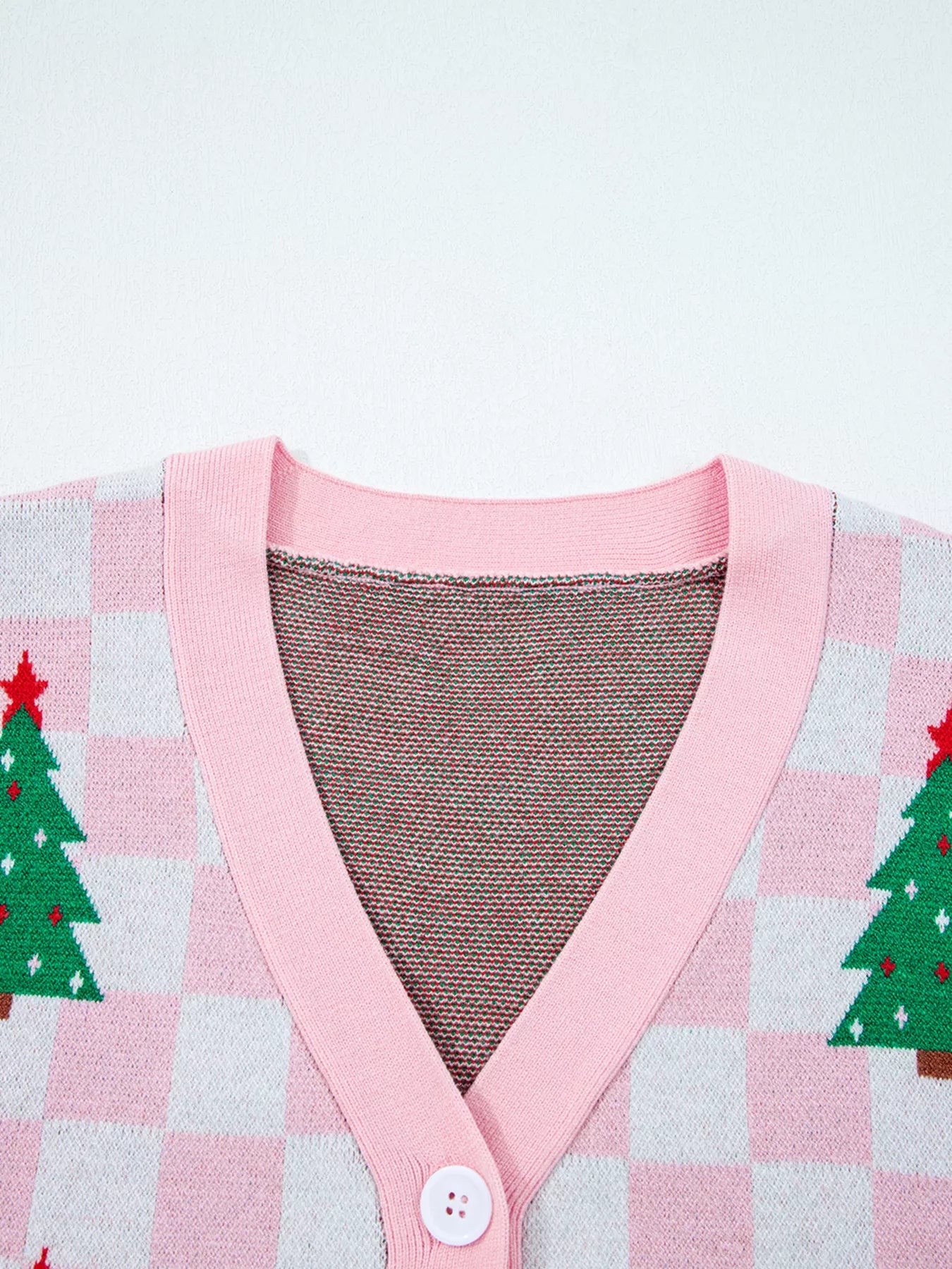Trendsi Christmas Tree Pattern Checkered Button V Neck Cardigan