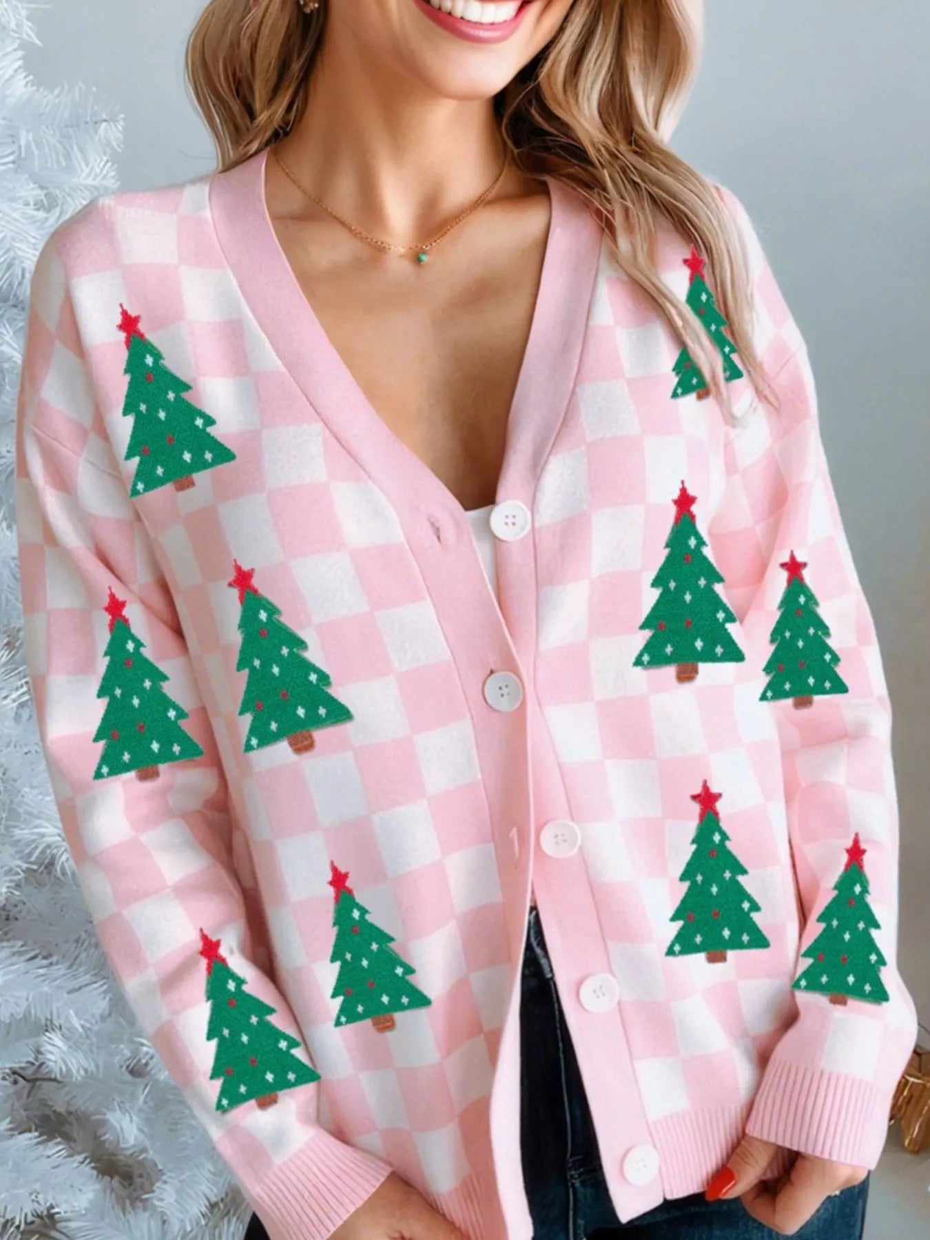 Trendsi Christmas Tree Pattern Checkered Button V Neck Cardigan