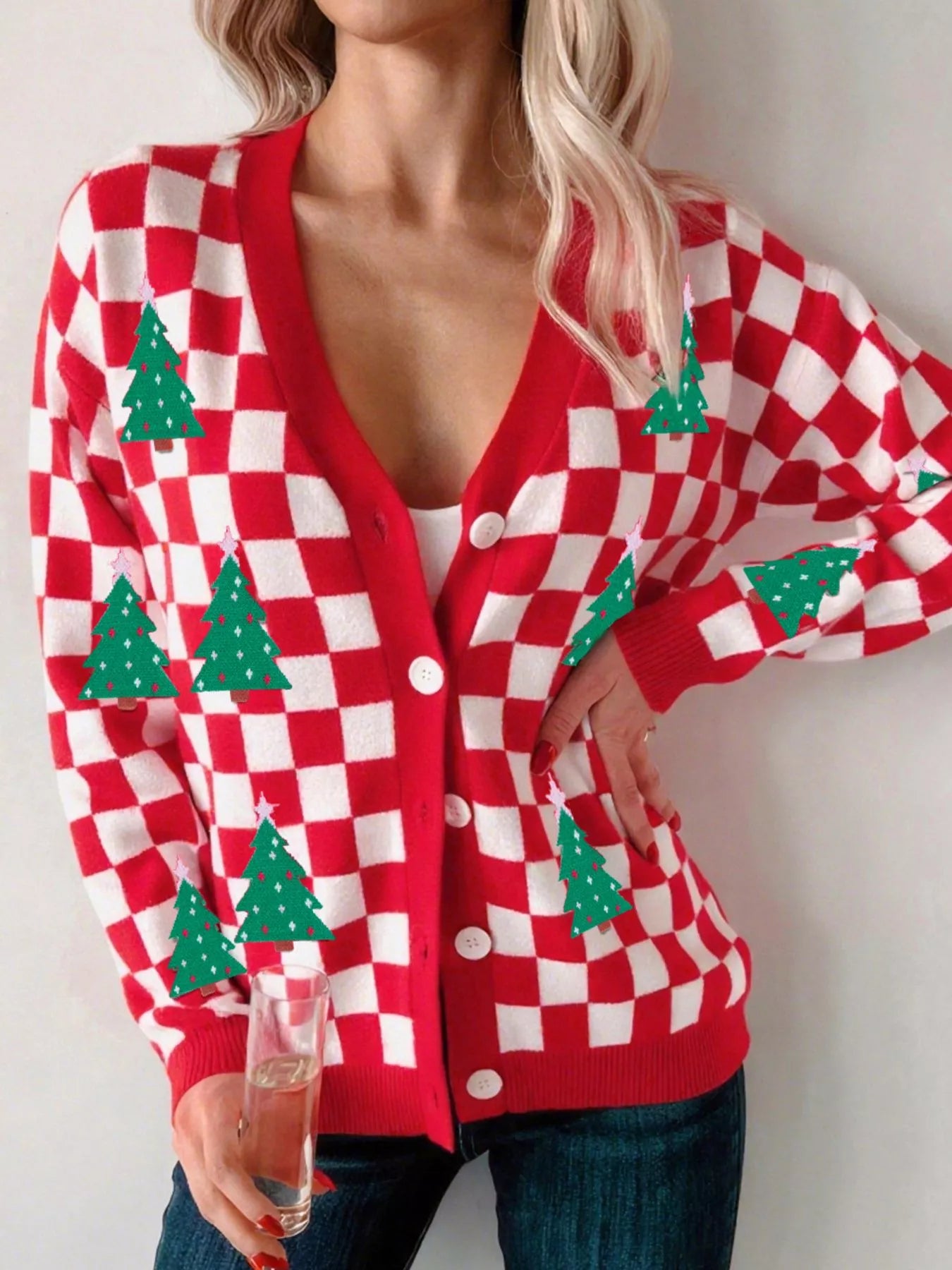 Trendsi Christmas Tree Pattern Checkered Button V Neck Cardigan
