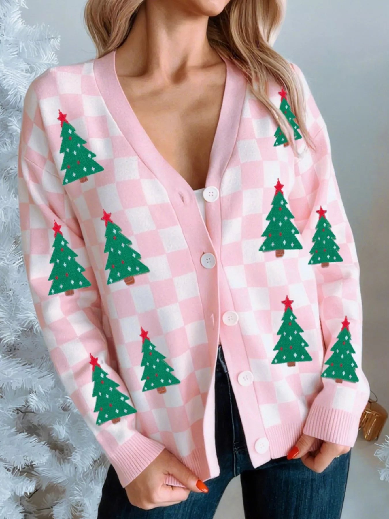 Trendsi Christmas Tree Pattern Checkered Button V Neck Cardigan
