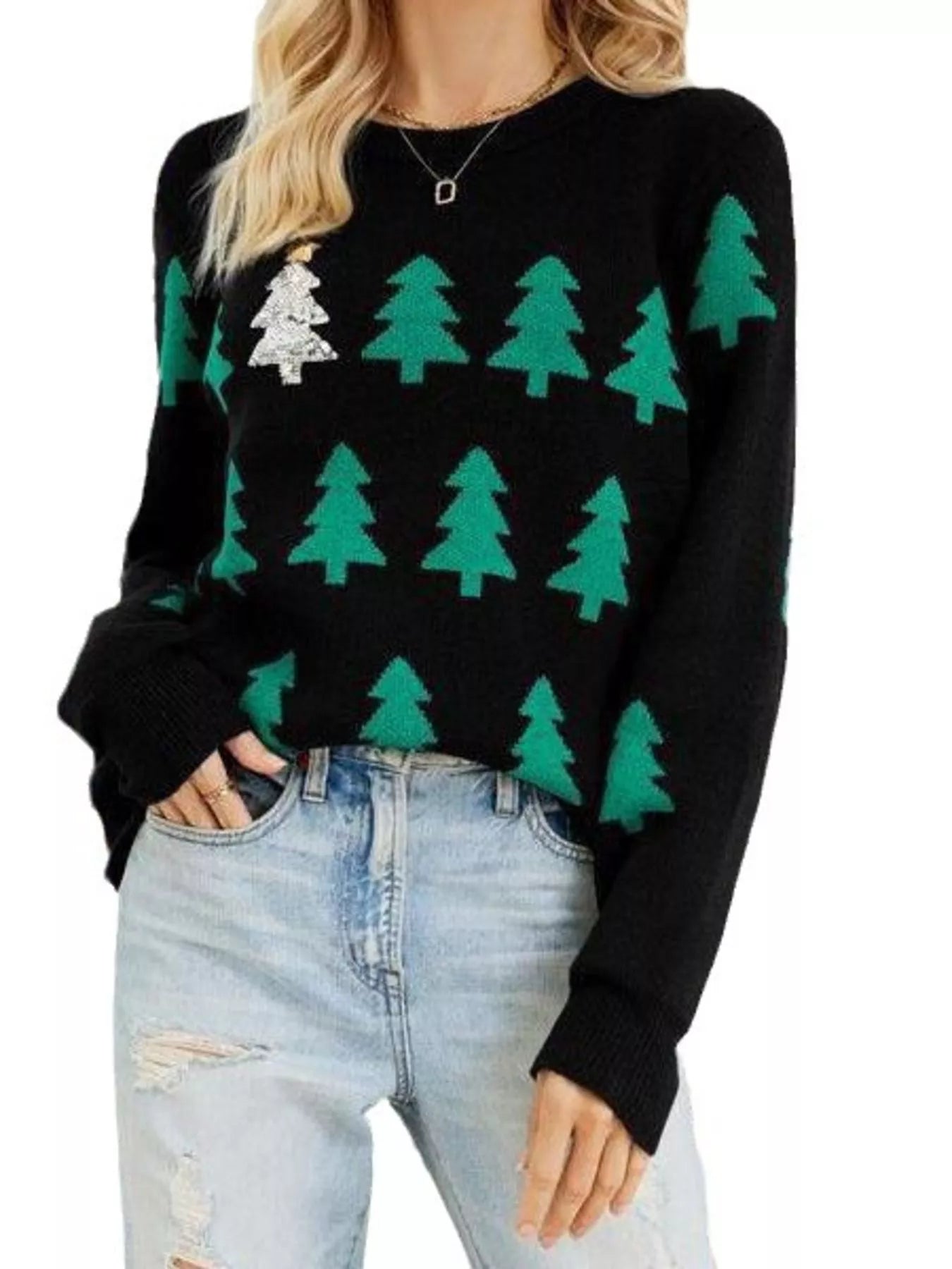 Trendsi Christmas Tree Pattern Long Sleeve Sweater