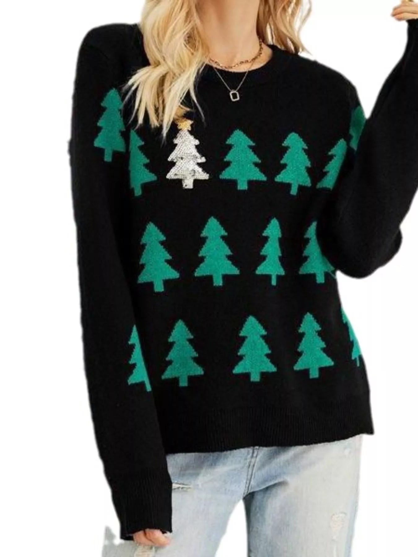 Trendsi Christmas Tree Pattern Long Sleeve Sweater