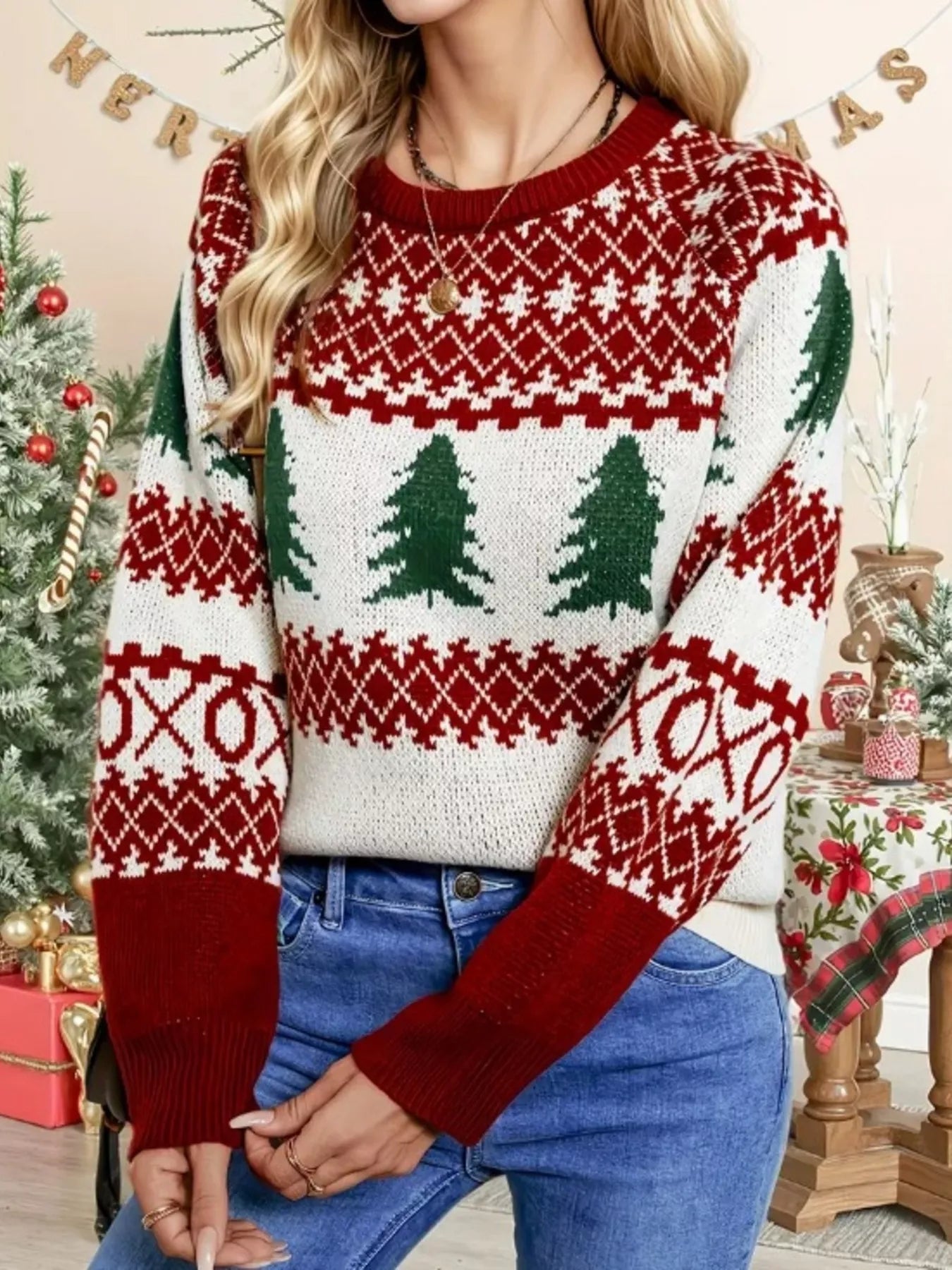 Trendsi Christmas Tree Pattern Round Neck Sweater