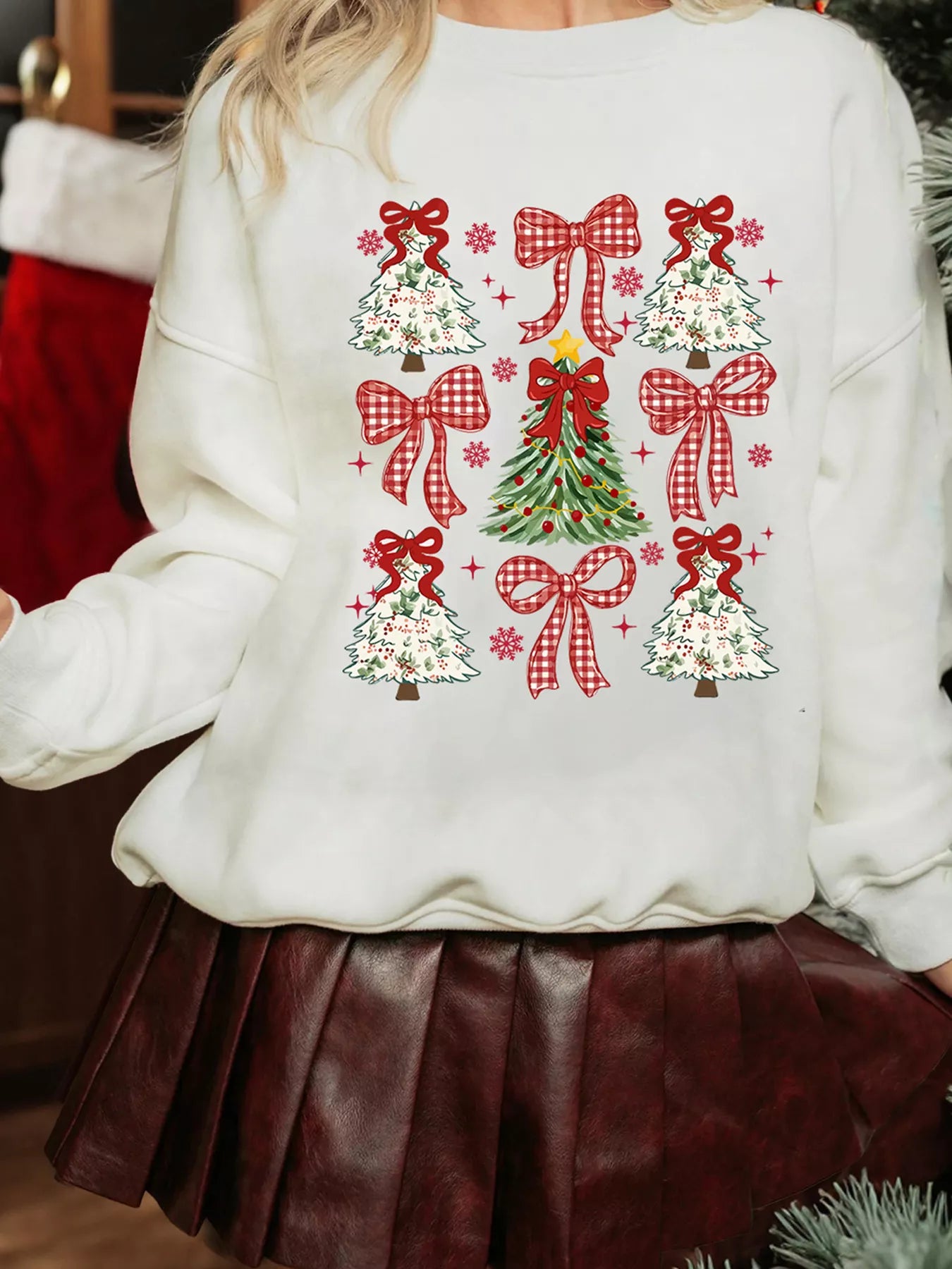 Trendsi Christmas Tree Ribbon Bow Printed Drop Shoulder Sweatshirt