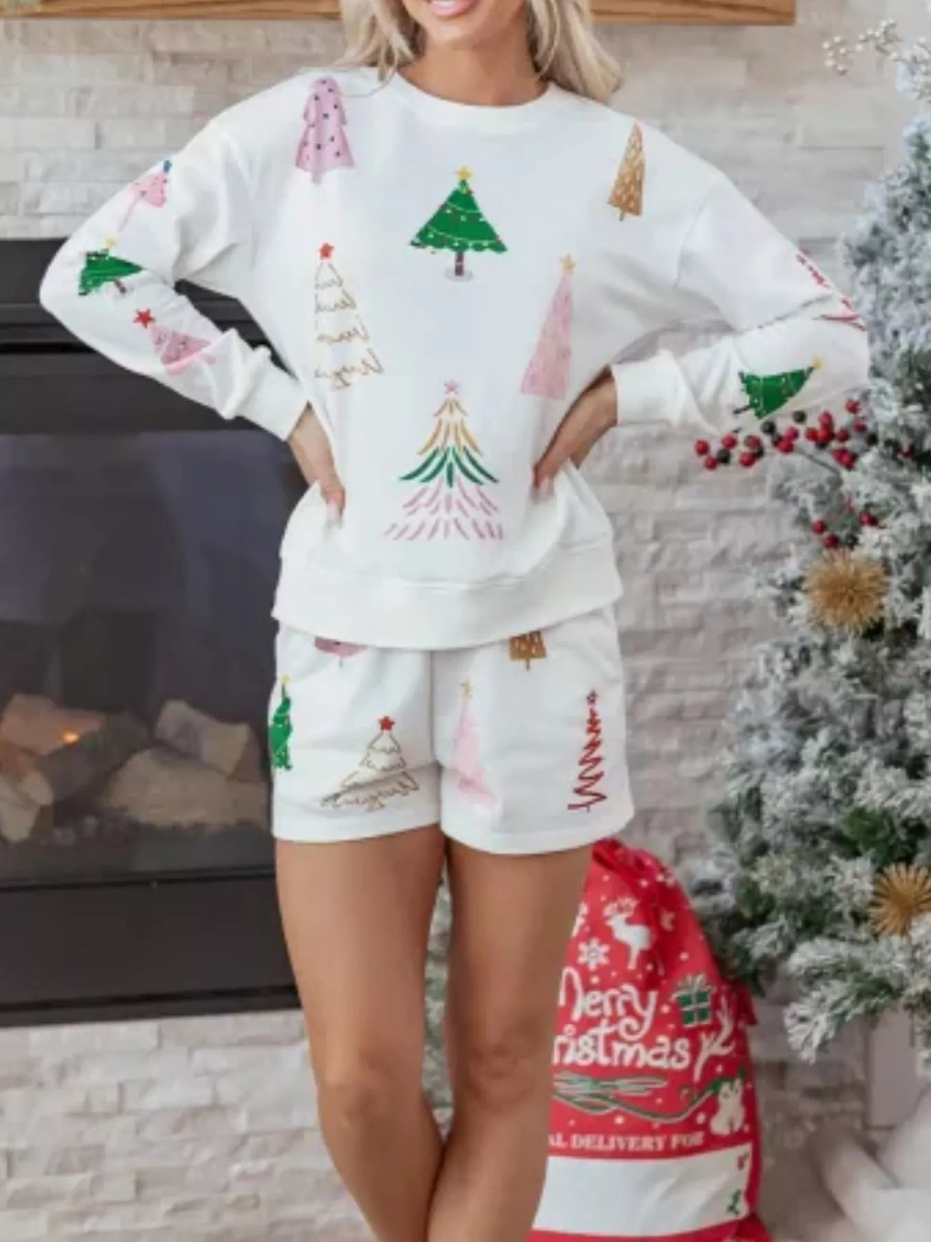 Trendsi Christmas Tree Round Neck Top and Shorts Set