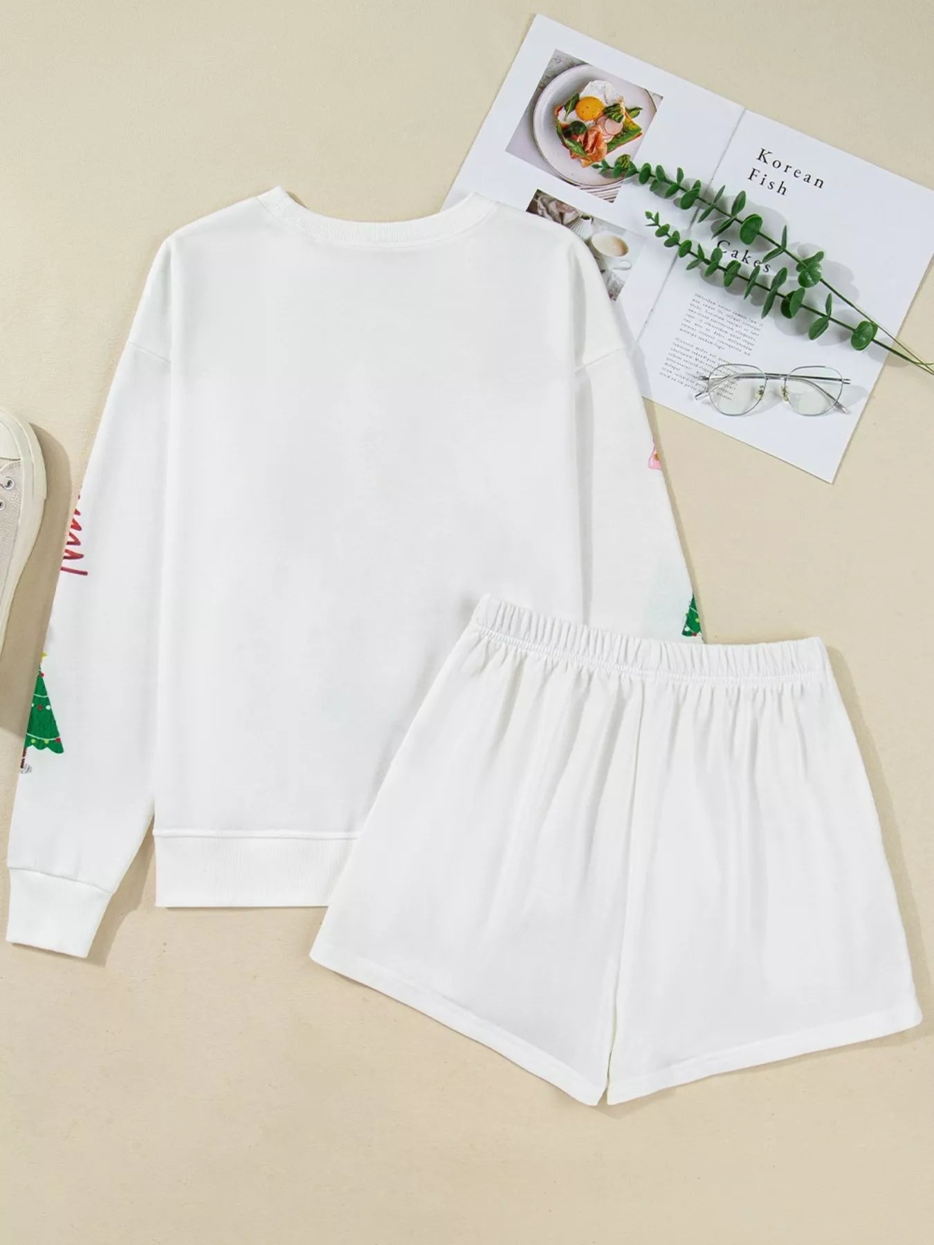Trendsi Christmas Tree Round Neck Top and Shorts Set