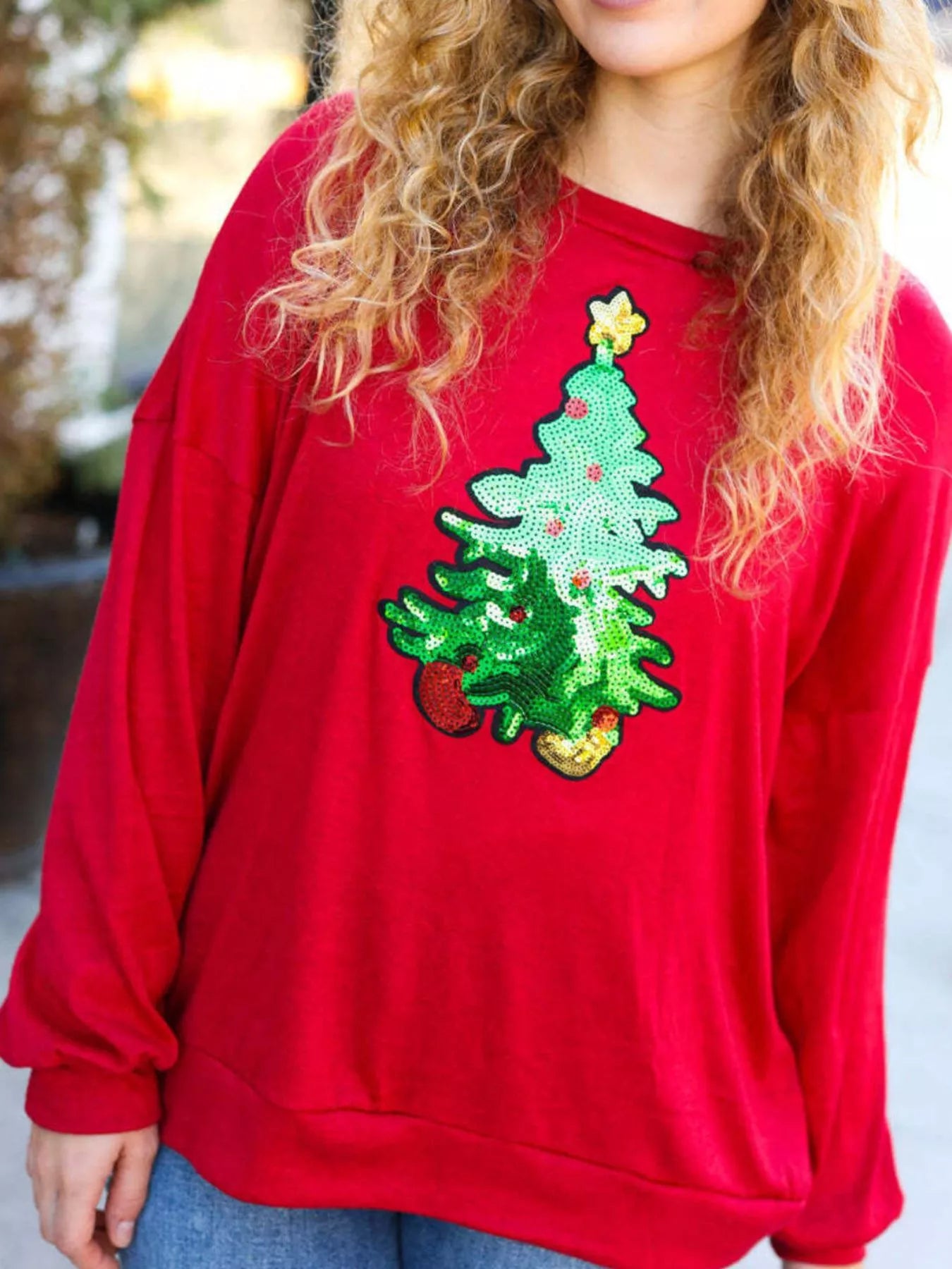 Trendsi Christmas Tree Sequin Long Sleeve Sweatshirt