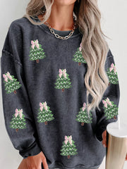 Trendsi Dark Gray / S Ribbed Round Neck Sequin Christmas Tree Patched Baggy Sweatshirt