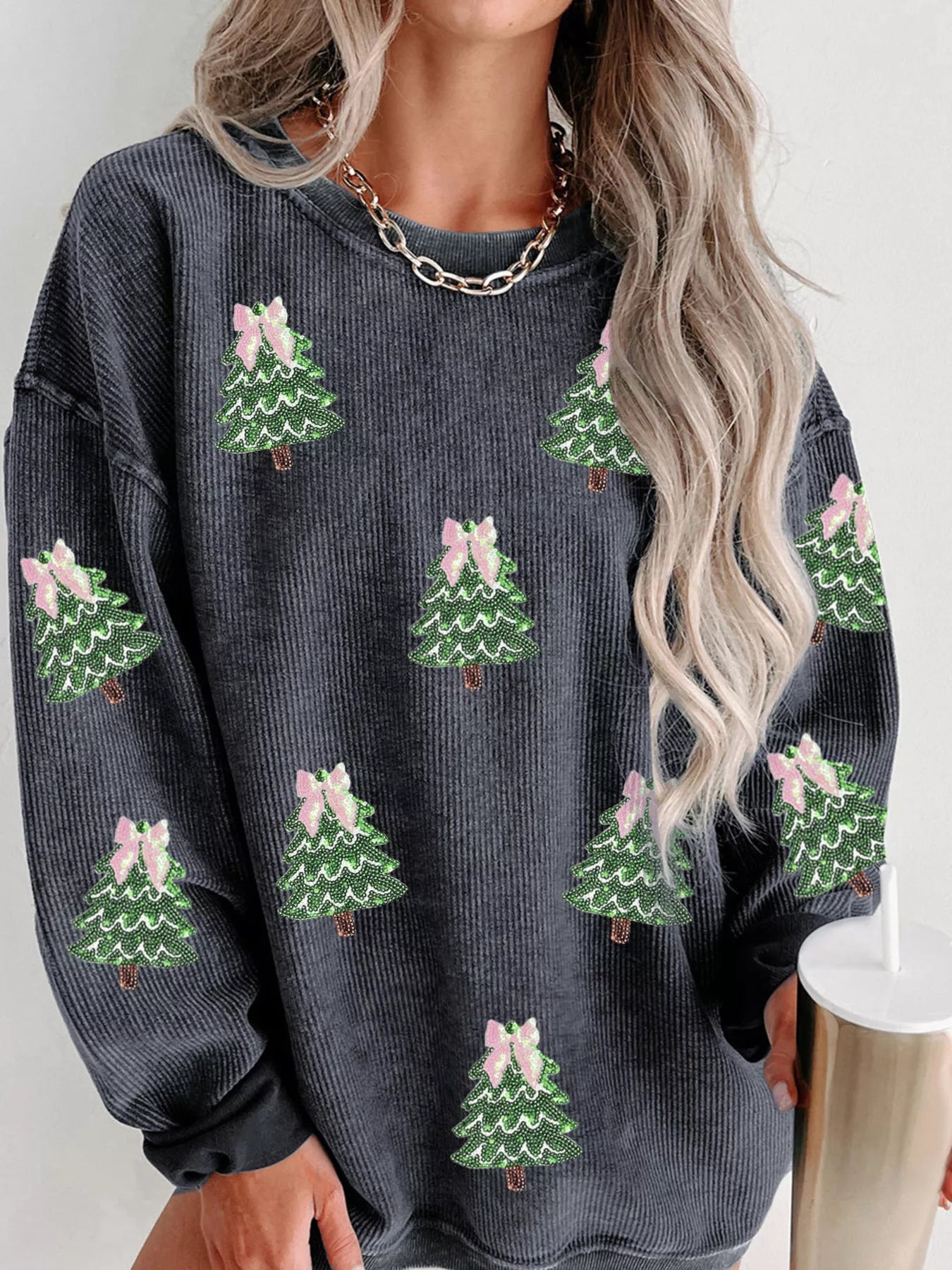 Trendsi Dark Gray / S Ribbed Round Neck Sequin Christmas Tree Patched Baggy Sweatshirt