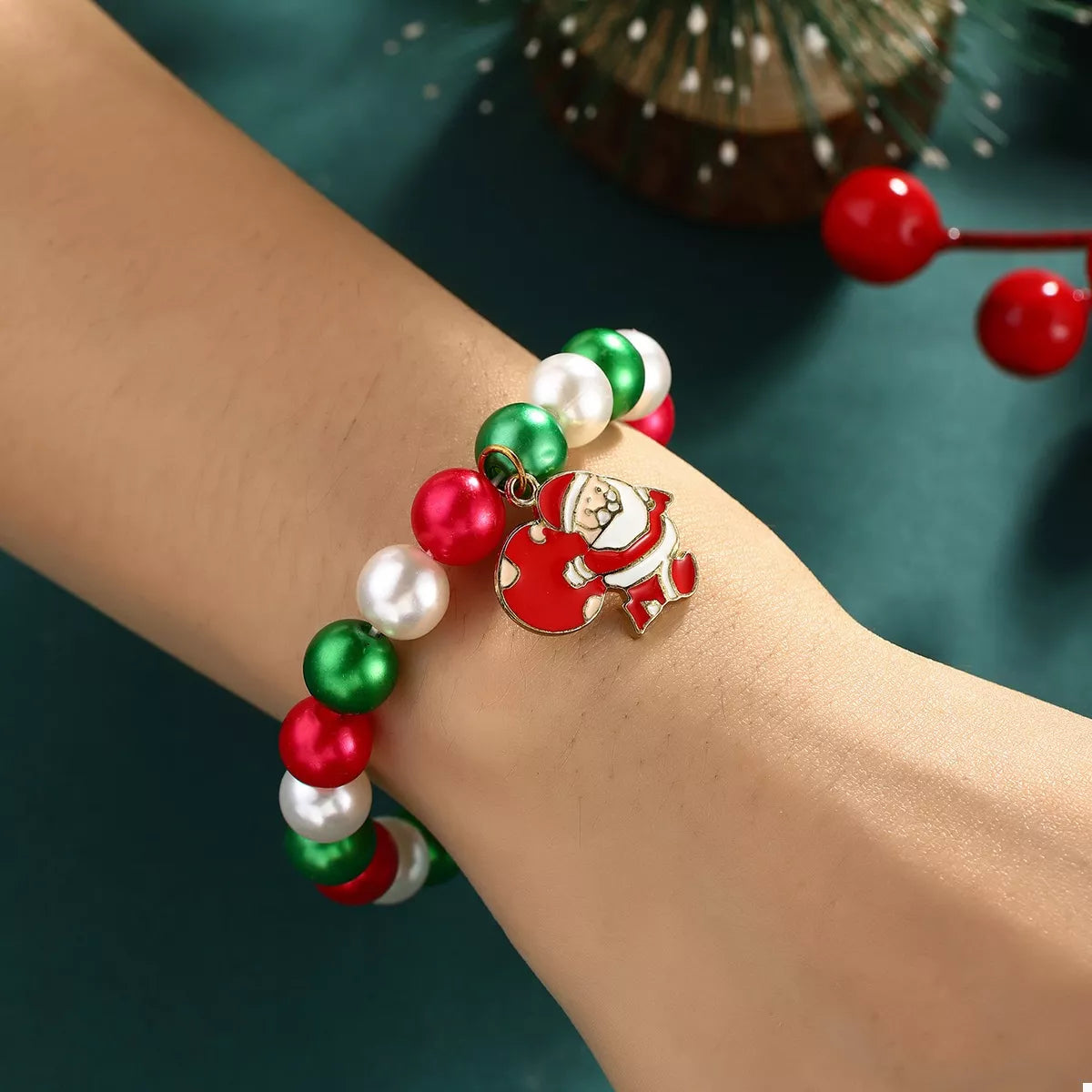 Trendsi Dark Green / One Size 5 Piece Christmas Synthetic Pearl Bracelet