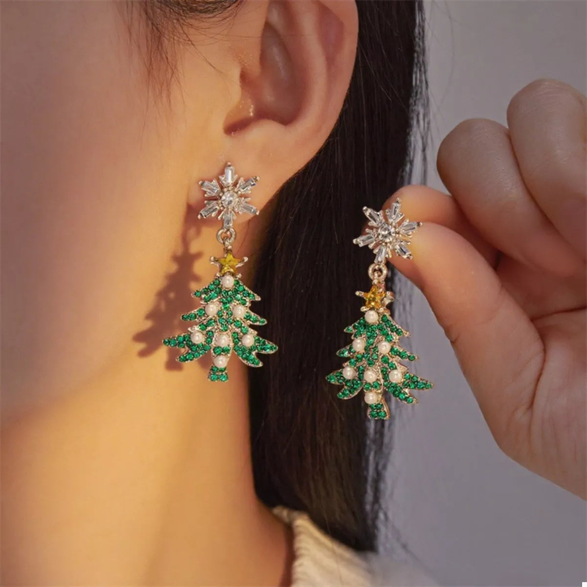 Trendsi Dark Green / One Size Christmas Tree Drop Earrings