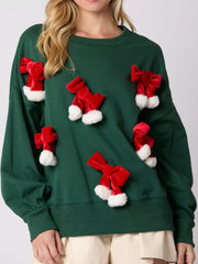 Trendsi Dark Green / S Christmas Long Sleeve Sweatshirt with Pom-Pom Bow Decoration