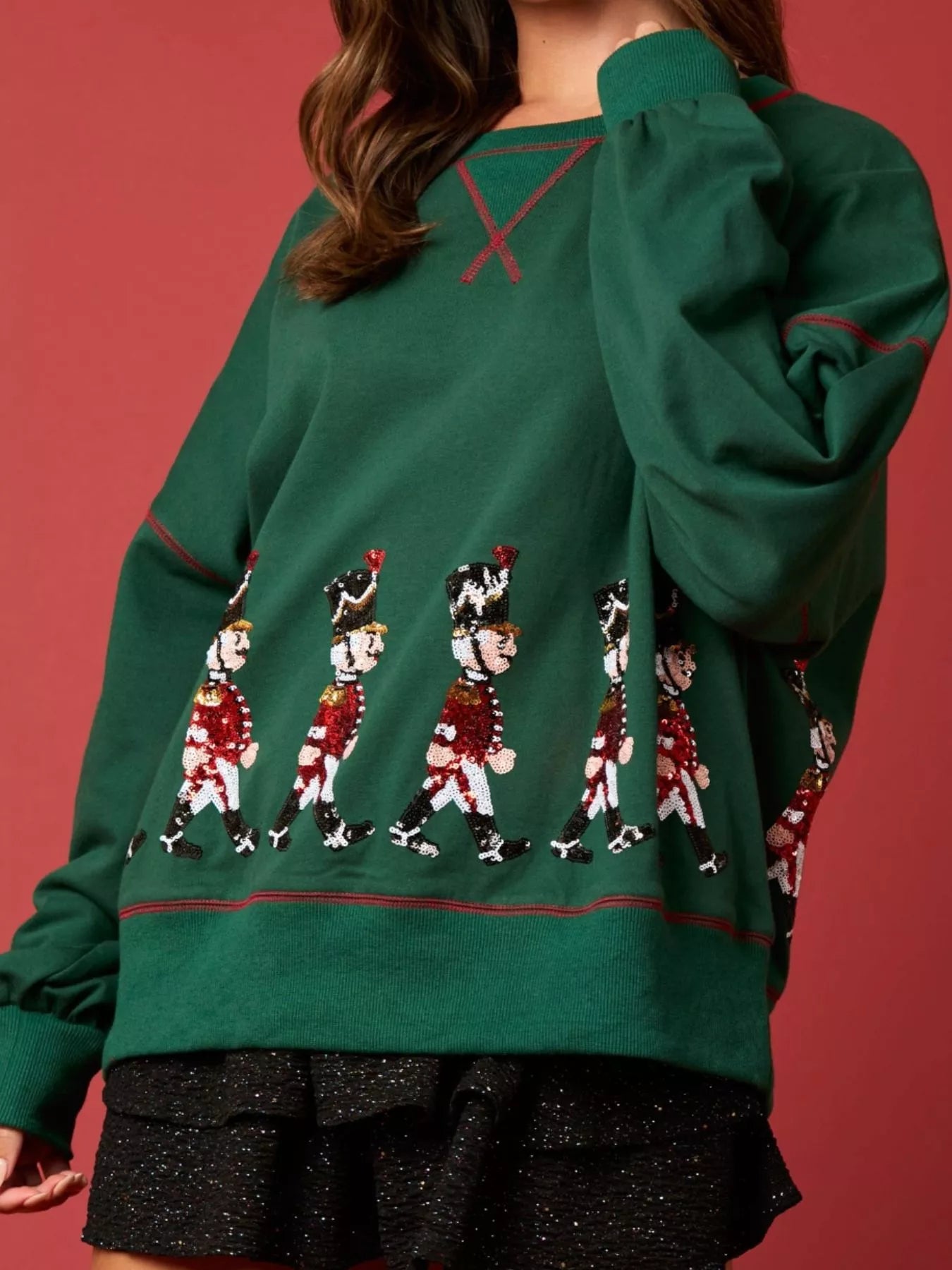 Trendsi Dark Green / S Christmas Marching Band Sequin Sweatshirt