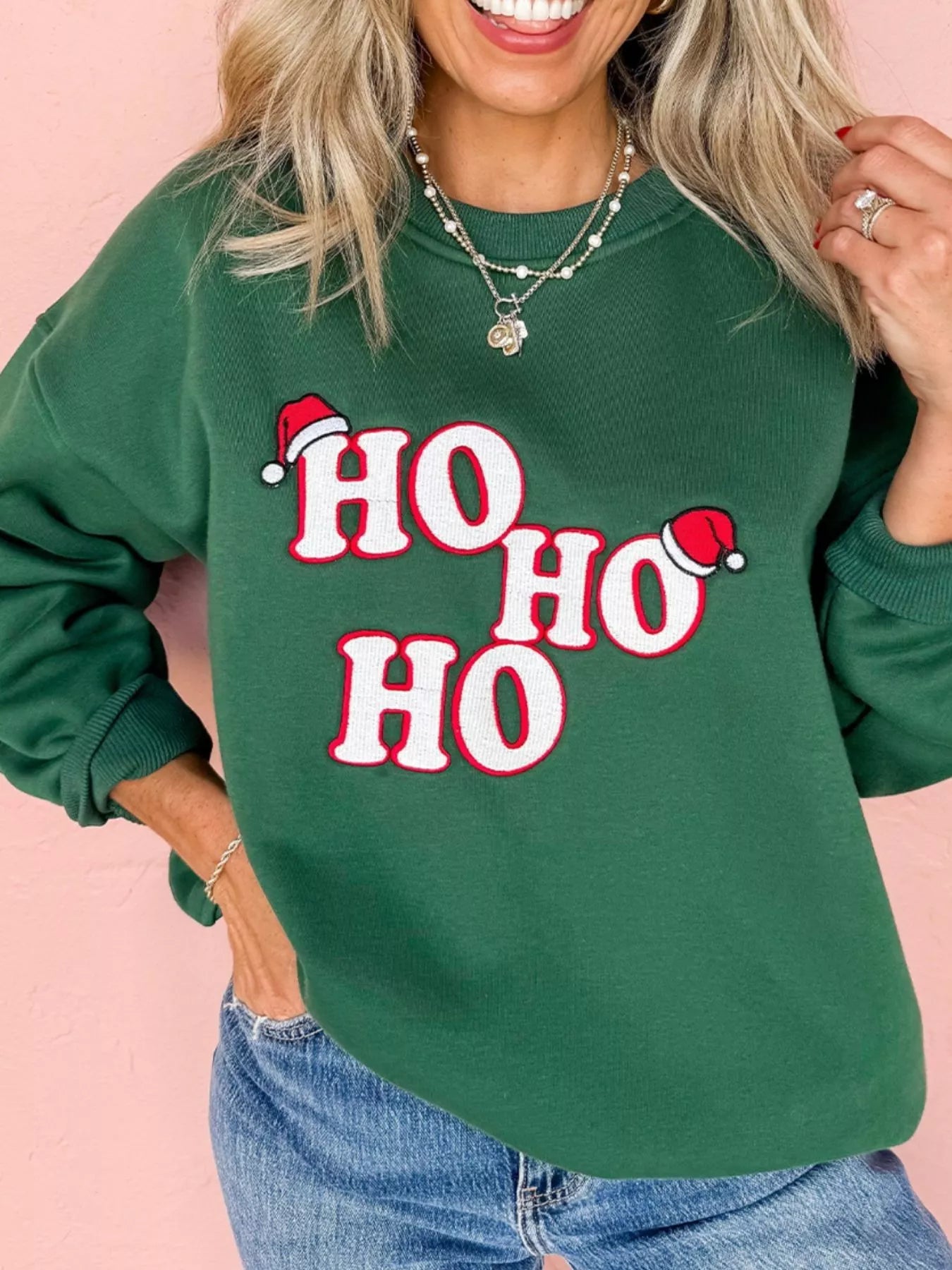 Trendsi Dark Green / S Embroidered Letter Christmas Round Neck Sweatshirt