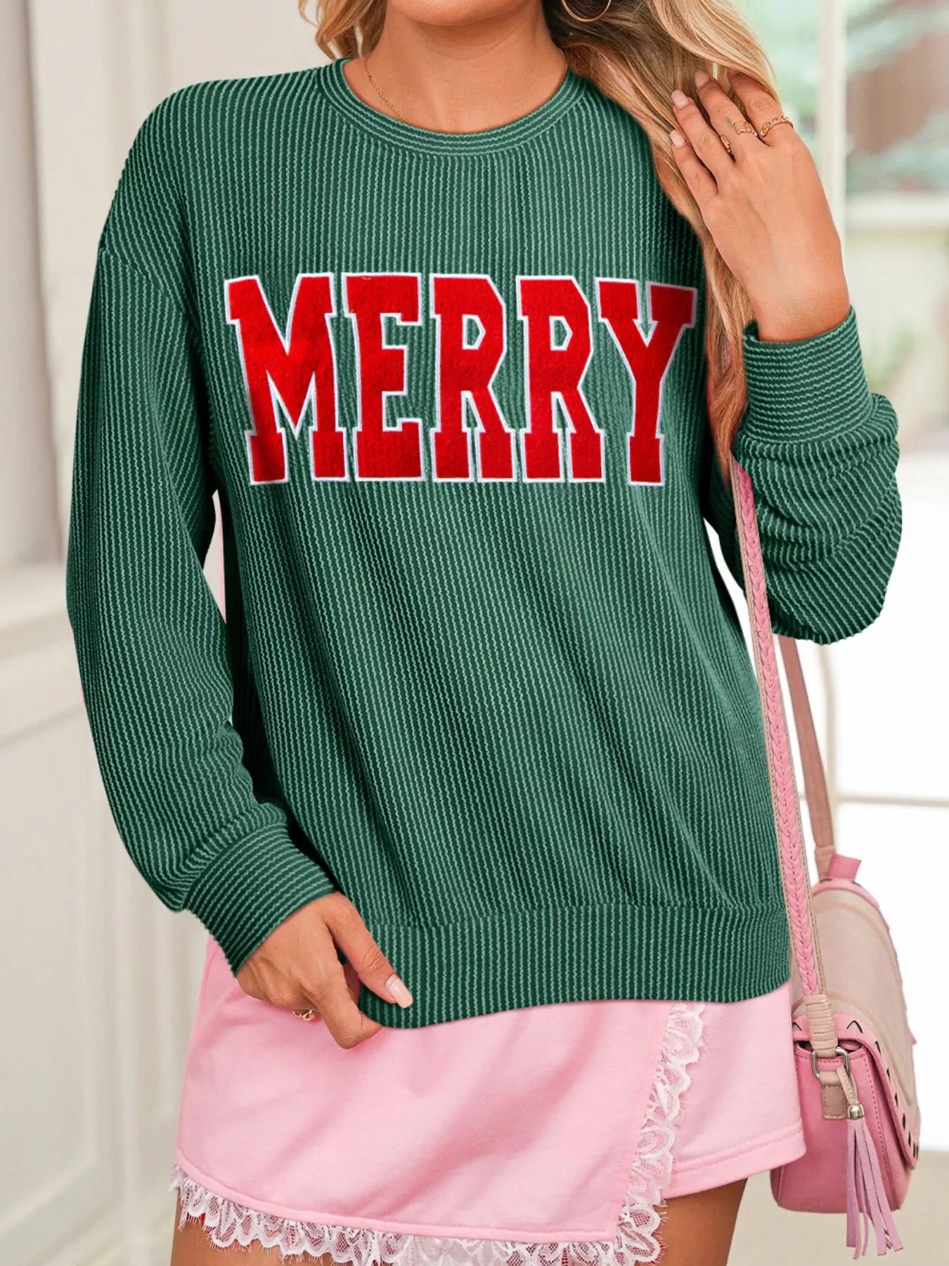 Trendsi Dark Green / S Merry Twisted Rib Christmas Loose Long Sleeve Top