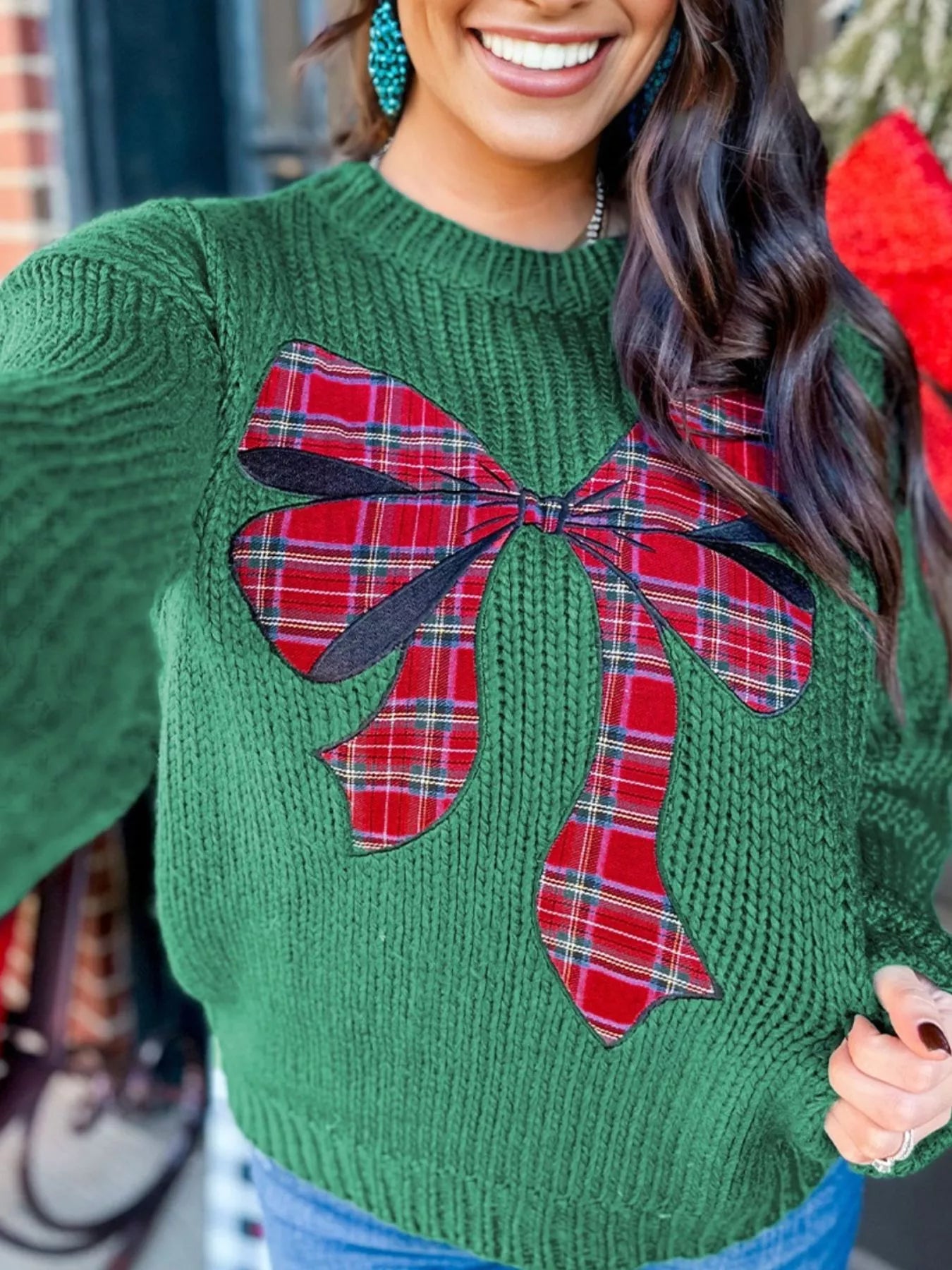 Trendsi Dark Green / S Plaid Bow Graphic Christmas Sweater