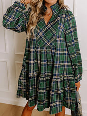 Trendsi Dark Green / S Plaid Frilly Collar Long Sleeve Shift Mini Dress